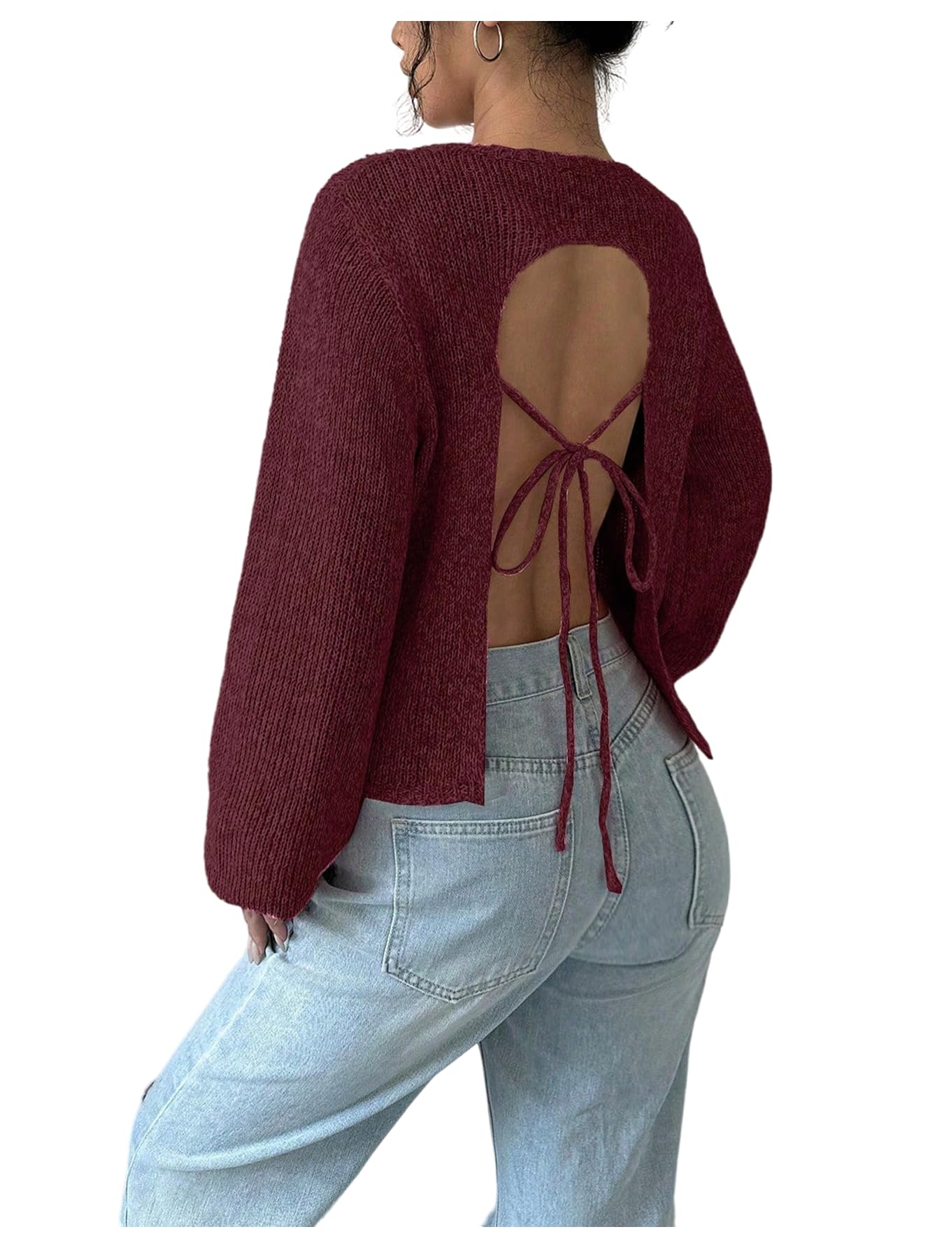 MakeMeChic Womens Open Back Sweater Tie Backless Long Sleeve Crew Neck Y2K Knit Tops