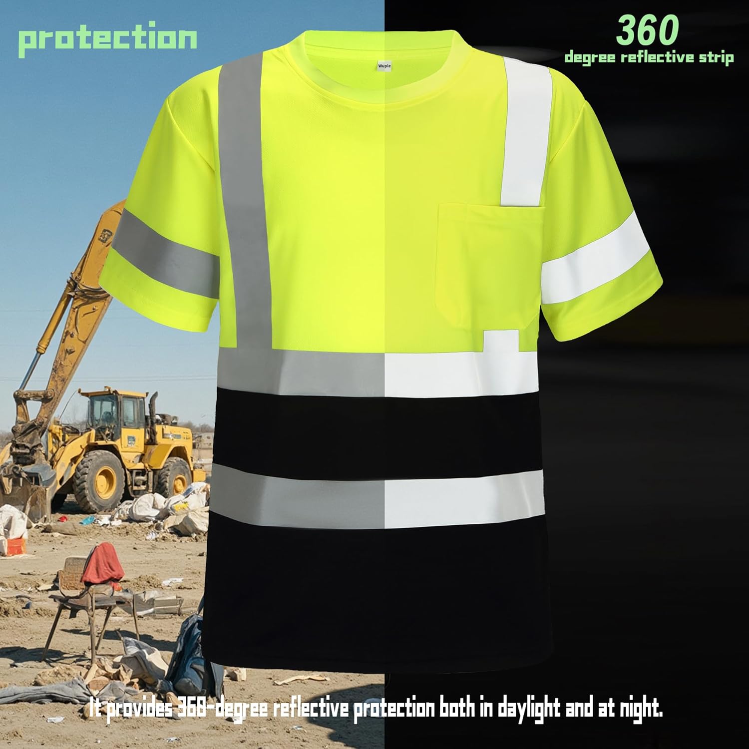 High Visibility Shirts for Men Reflective, Class 3 Safety Shirts for Construction Work, Hi Vis T Shirt with Pocket Short Sleeve Black Bottom Lime L 3PCS