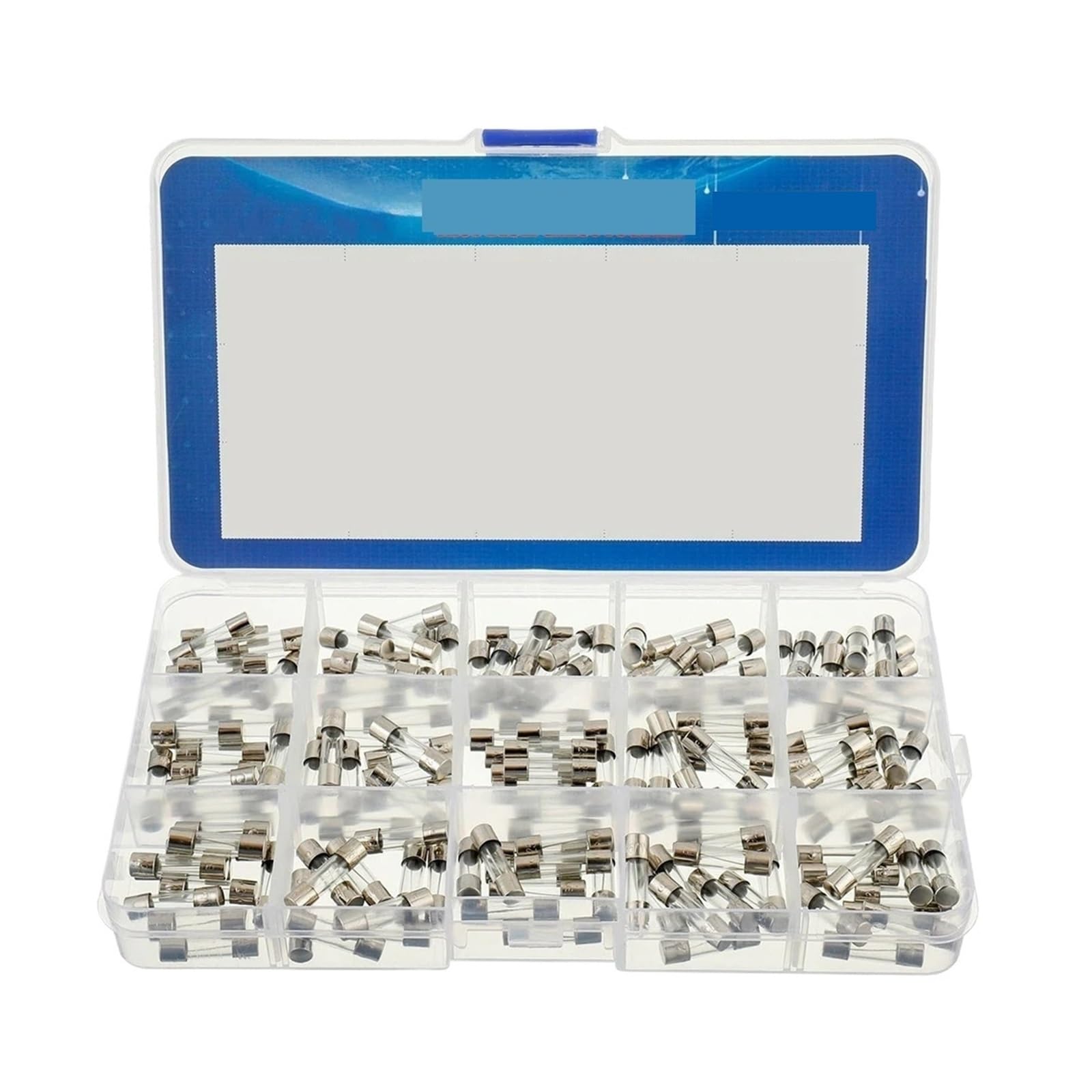 Zestaw bezpieczników szybkofuzyjnych, 15 wartości, 150 sztuk, 5 x 20 mm, 250 V, 0,1, 0,2, 0,25, 0,5, 1, 1,5, 2, 3, 4, 5, 8, 10, 12, 15, 20A, zapakowane w przezroczyste plastikowe pudełko