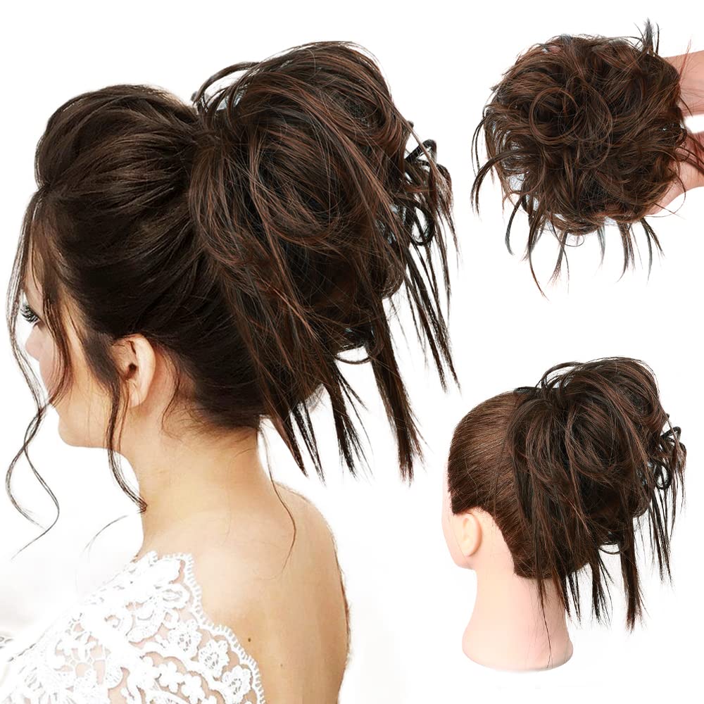 HMD Tousled Updo Messy Bun Hair Piece Hair Extension Ponytail With Elastic Rubber Band Updo Extensions Hairpiece Synthetic Hair Extensions Scrunchies Ponytail Hairpieces for Women (Tousled Updo Bun, Natural Black Mix Light Auburn)