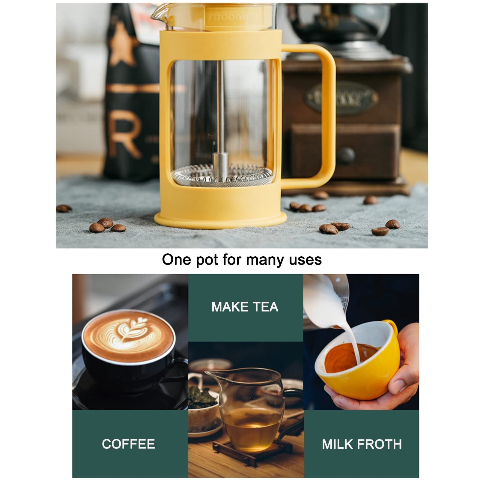Cafetera Émbolo, Cafetera Francesa De Vidrio De Borosilicato Resistente Al Calor, Cafetera De Piston, French Press, Prensa De Café De Acero Inoxidable 304 Con 3 Filtros, Tetera Para Viajes De Campame