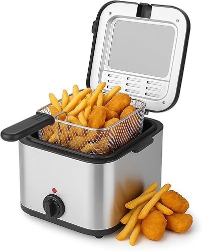 Freidora Eléctrica de Aceite de Acero Inoxidable de 1000 W - Freidora Eléctrica de Aceite 2.5L Freidora de Temperatura Ajustable con Canasta,