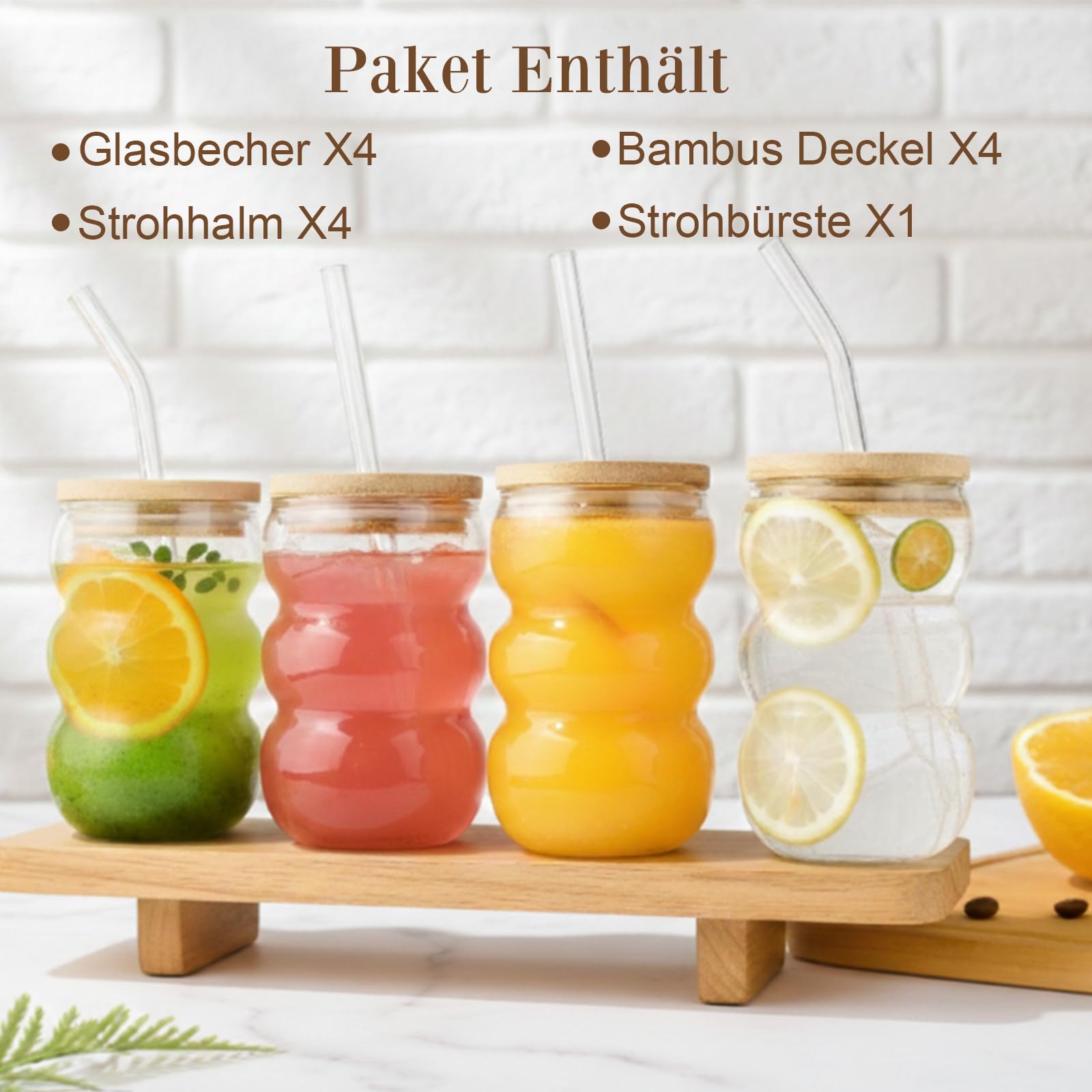 VITEVER Latte Macchiato Set di 4 bicchieri da caffè con coperchio, lavabili in lavastoviglie, bicchieri da 550 ml, bicchieri da long drink, bicchieri da cocktail, spazzola e cannuccia