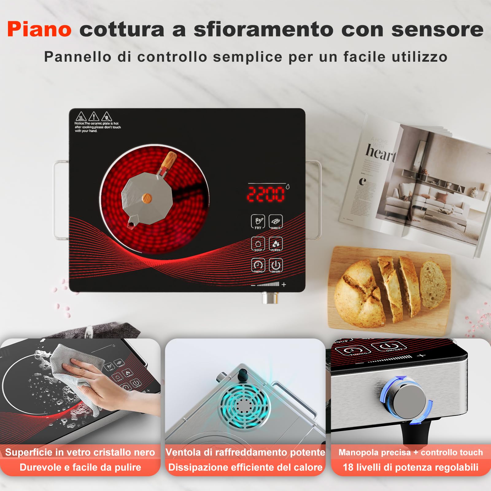 Alemania Piastra Elettrica 1 Fuoco 2200W, Piastra Vetroceramica Portatile a Infrarossi con Vetro Nero, Piastra di Cottura da Tavolo con 18 Livelli di Potenza e Temperatura, Timer