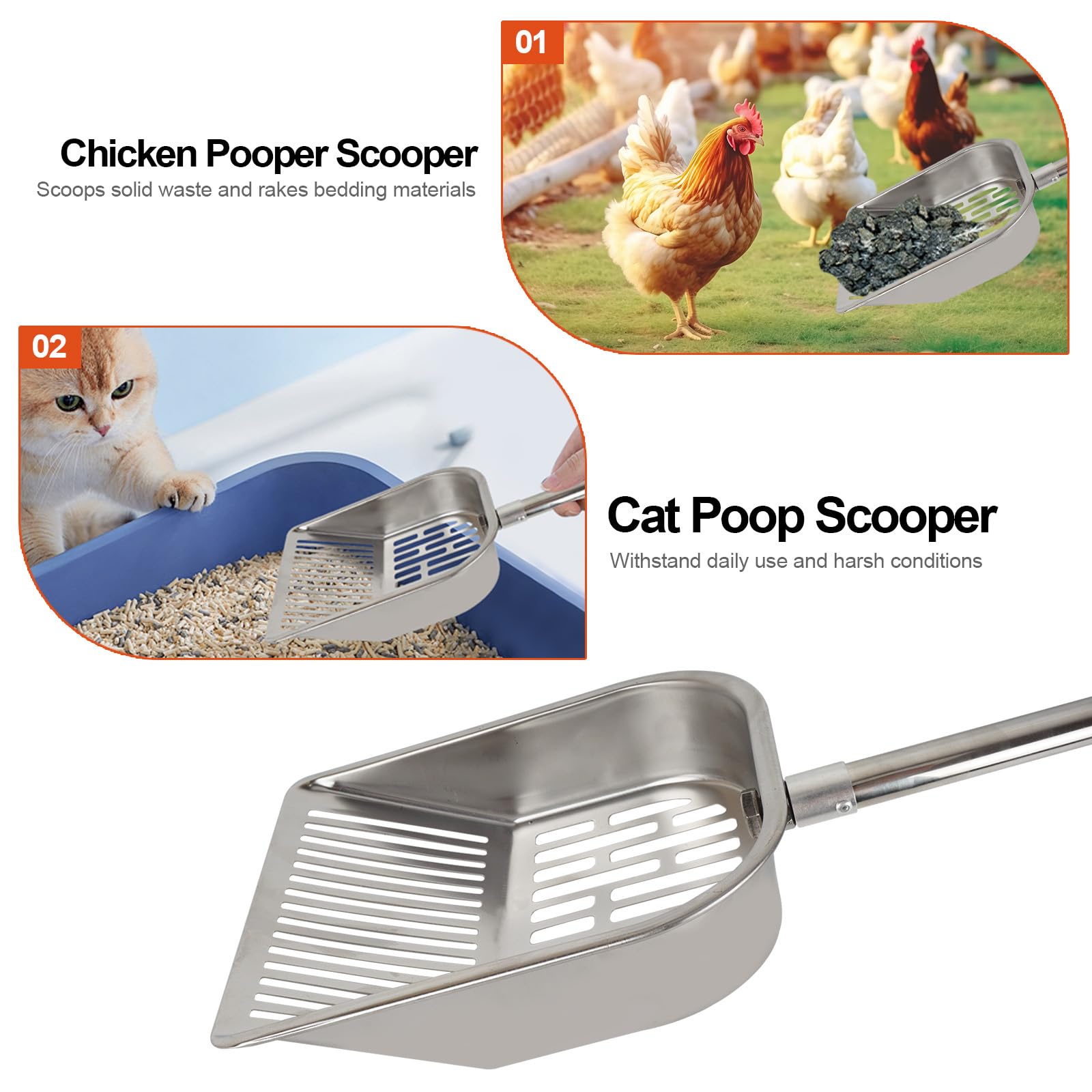 Cat Litter Scoop Metal Mesh, Kitty Scooper for Litter Box Cleaning Speed Sifting, Chicken Poop Scooper for Sand, Litter Sifter Shovel, Dog Coop Pooper Scooper -Stainless Steel Long Handle - image 4