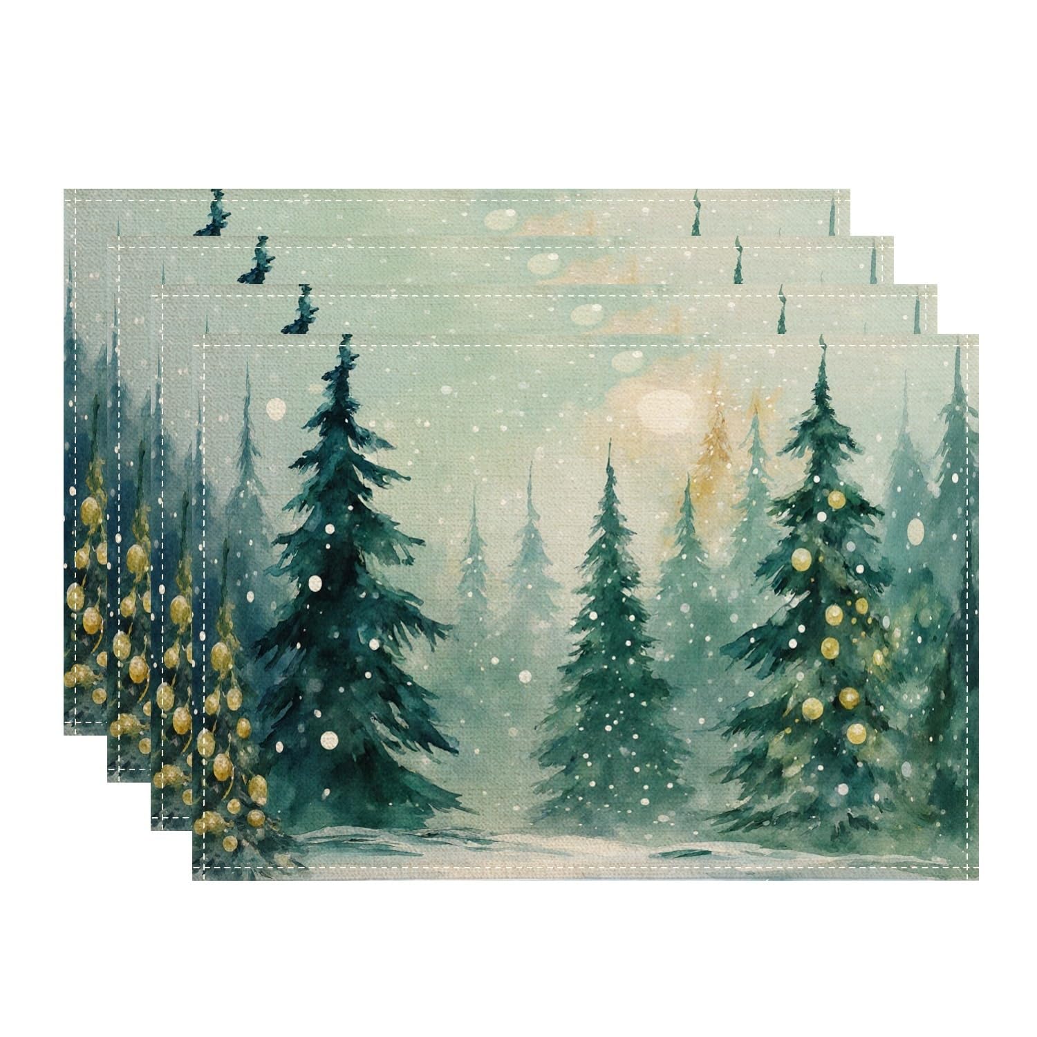 Winter Placemats, Green Watercolor Pine Tree Place Mats for Dining Table, Holiday Non-Slip Washable Indoor Outdoor Kitchen Party Decorative Placemat Set of 4