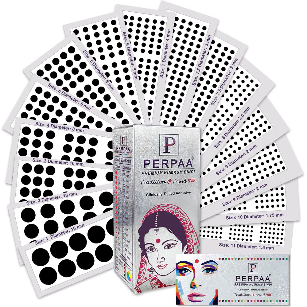PERPAA Premium Velvet Sticker Kumkum Bindi Box of 15 Flaps with Different Size - Pottu for Women,Ladies, Girls (Black)