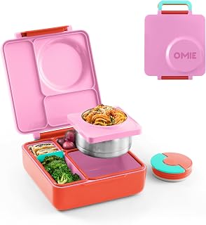 OmieBox Pink Berry Insulated Bento Lunch Box for Kids - Leakproof 3-Compartment with Vacuum Food Jar