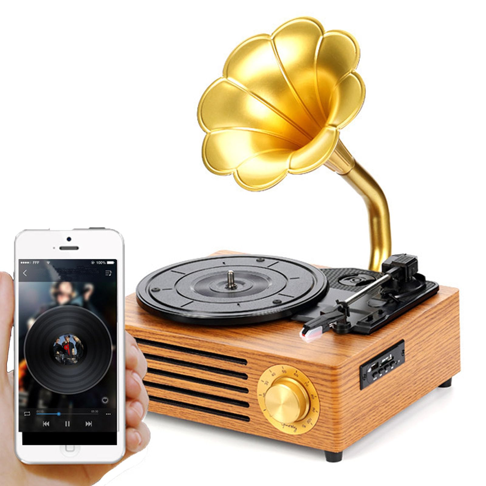 Giradischi in vinile Bluetooth con altoparlanti stereo, lettore di schede SD, 3 velocità (33/45/78), ideale per hotel, club, bar e studi di yoga
