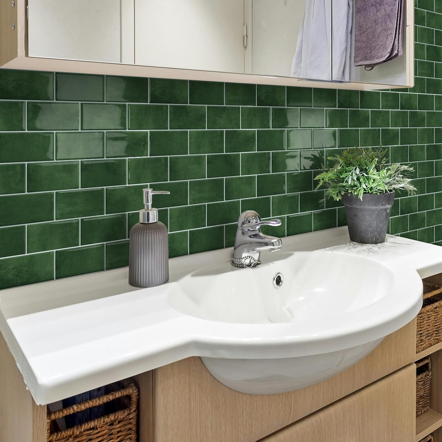 Thick Green Peel and Stick Backsplash Subway Tile 3D Brick Self Adhesvie Wall Tiles for Kitchen Bathroom (10-Sheet, 12"×12")