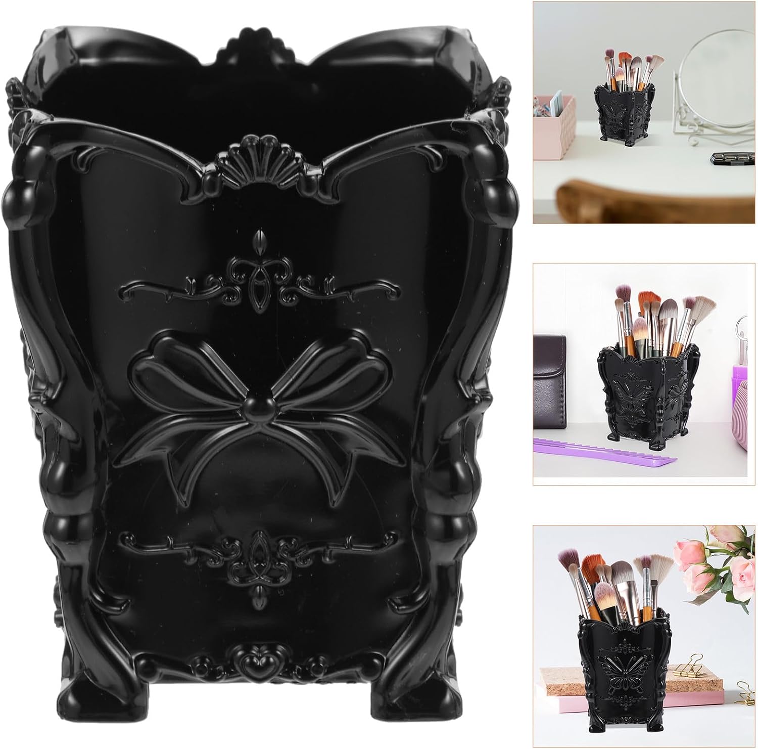 2Pcs Makeup Brush Holder Desktop Organizer for Office Bedroom PP Black image 3