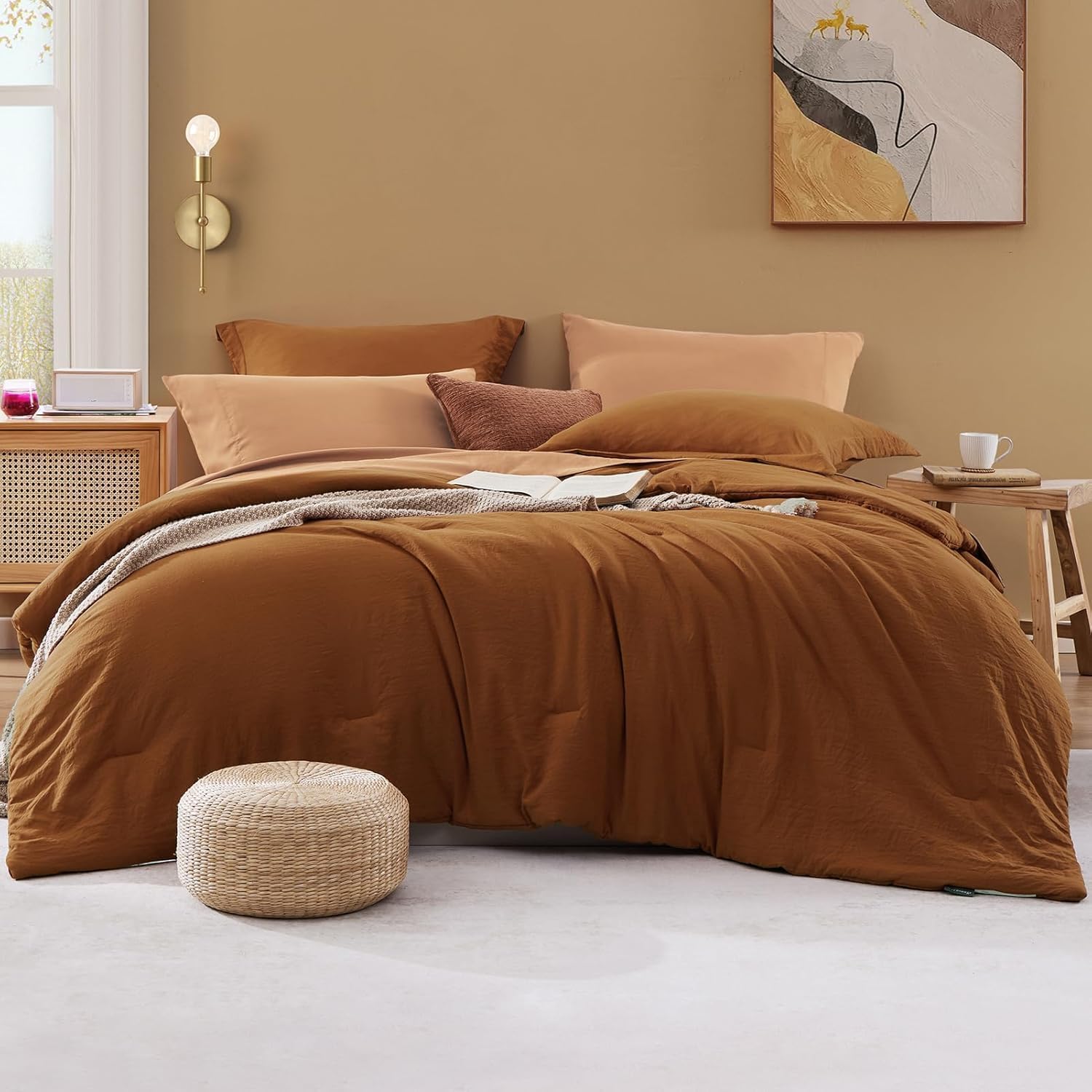 WRENSONGE Terracotta King Comforter Set, 7 Pieces Soft Microfiber King Size Comforter with Fitted Sheet, Flat Sheet 2 Pillow Shams, and 2 Pillowcases- Warm King Bedding Set for All Season