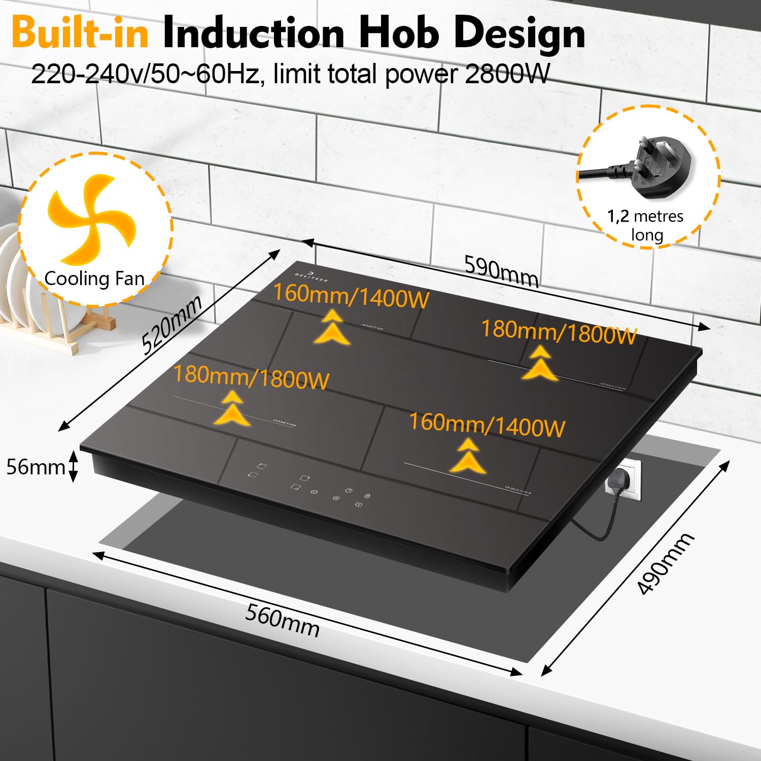 Induction Hob Plug in 13amp, Electric Induction Hobs 4 Zone, 60CM Electric Hobs Built-in 220V, 2800W Induction cooker with Safety Lock, Timer — view 2