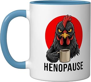 Menopause Funny Henopause Retro Vintage Black Chicken Ceramic Mug, Blue/White