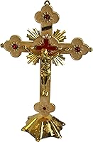 Vista 4 de Holy Land Market Crucifijo de mesa de altar, decoración para iglesia o hogar, esmalte adornado (12 pulgadas, dorado/blanco y rojo)