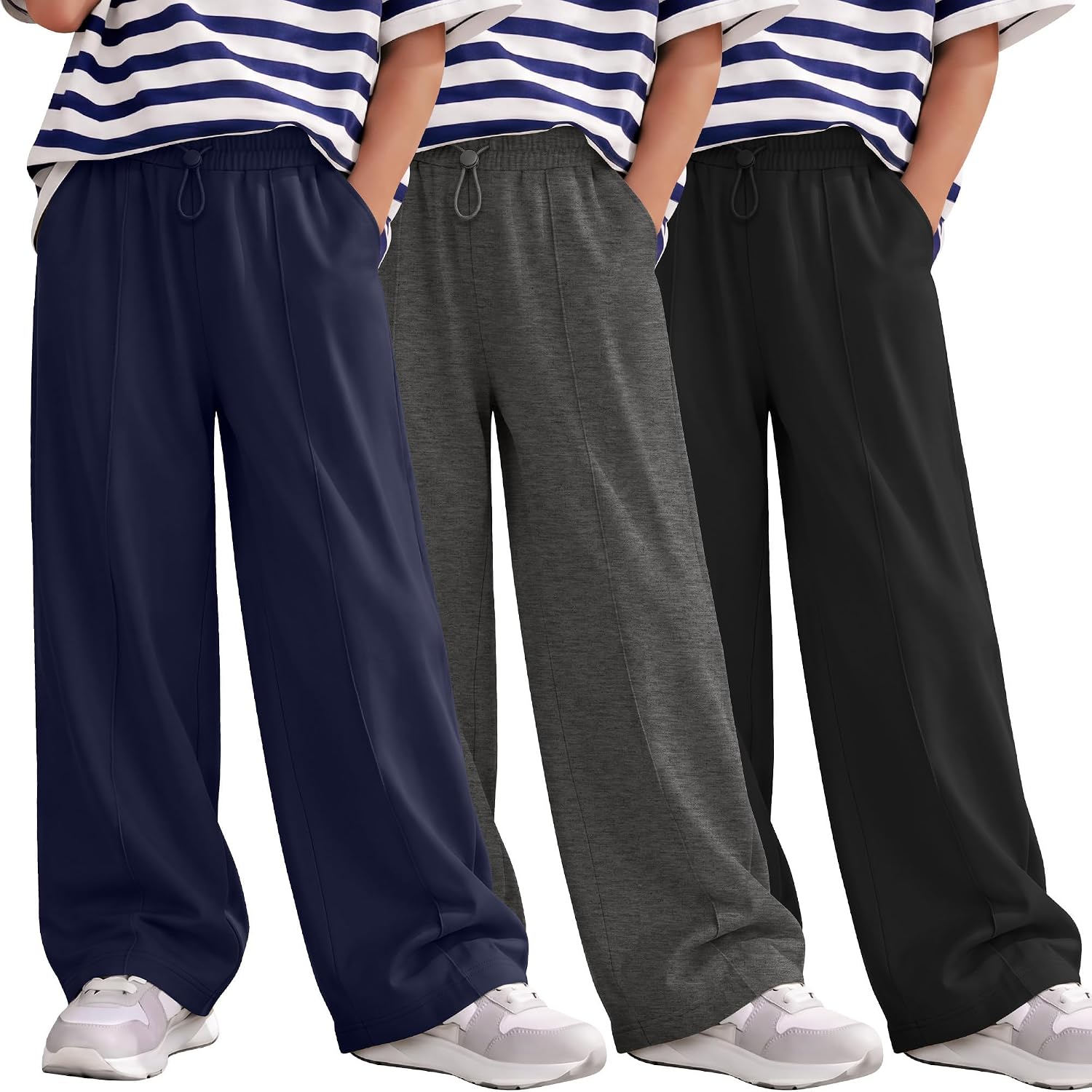 Yooo's Vivi 3 Pack Boys Wide Leg Sweatpants Casual Baggy Pants Drawstring Elastic Waist Athletic Pants Joggers with Pockets