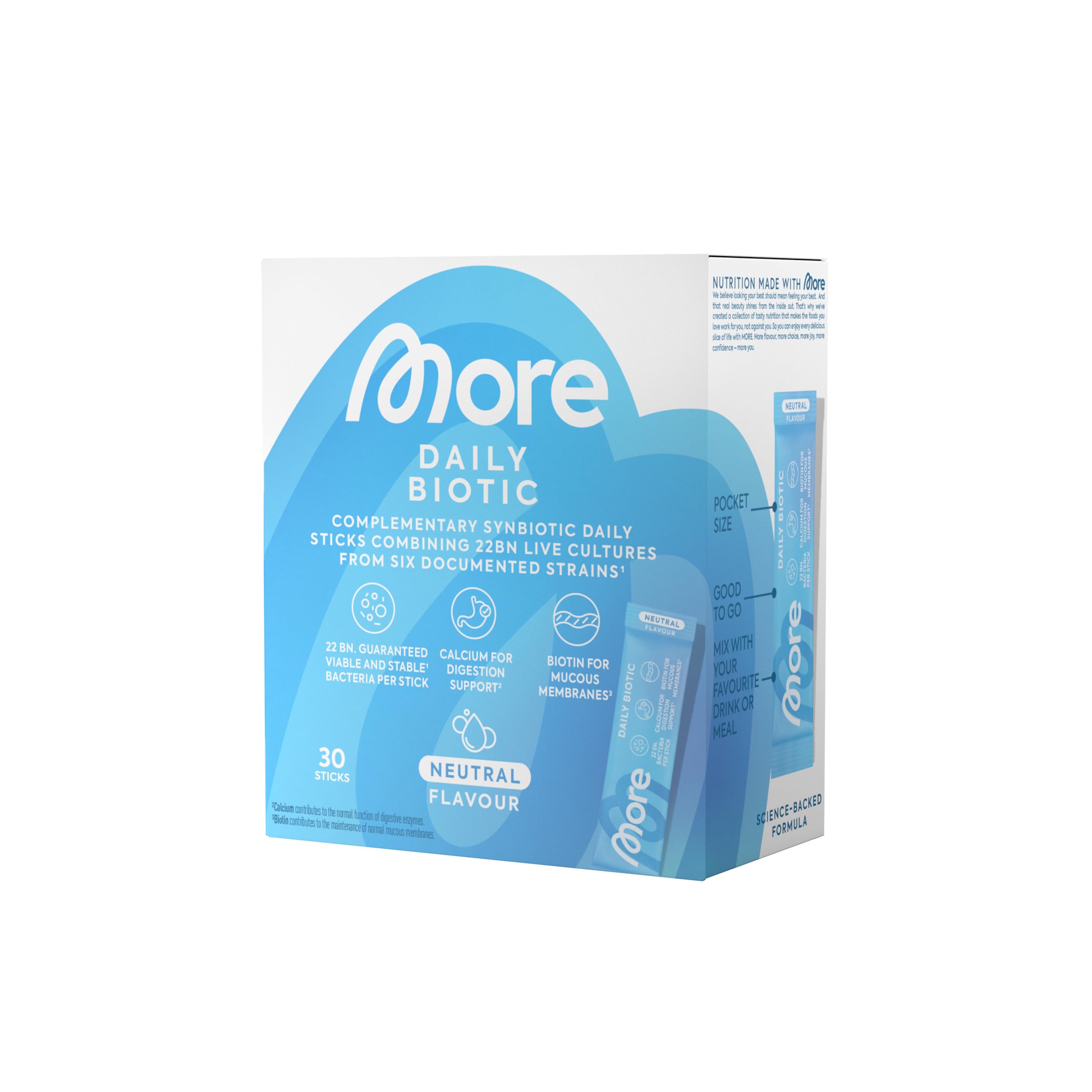 MORE Daily Biotic Sticks, 30 x 1,5 g, Neutral, mit 6 humanen Bakterienstämmen, Calcium und Biotin