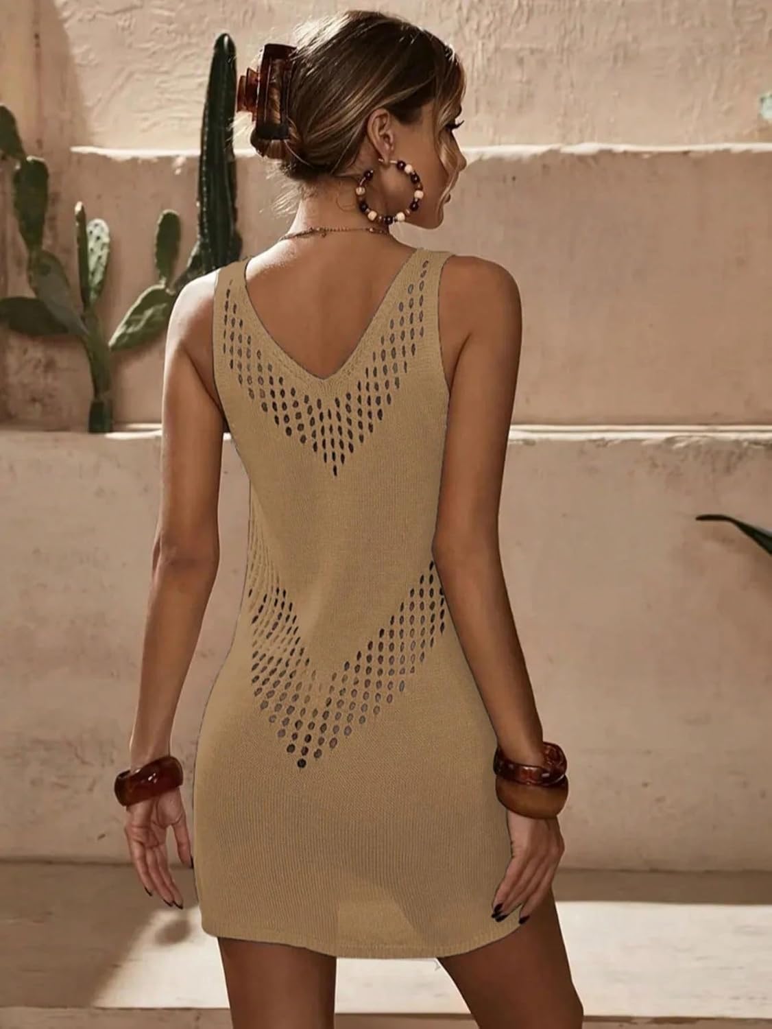 Hollow Out Knit Cover Up Dress, Summer Beach, Women Sleeveless Tank Mini cover ups for swimwear