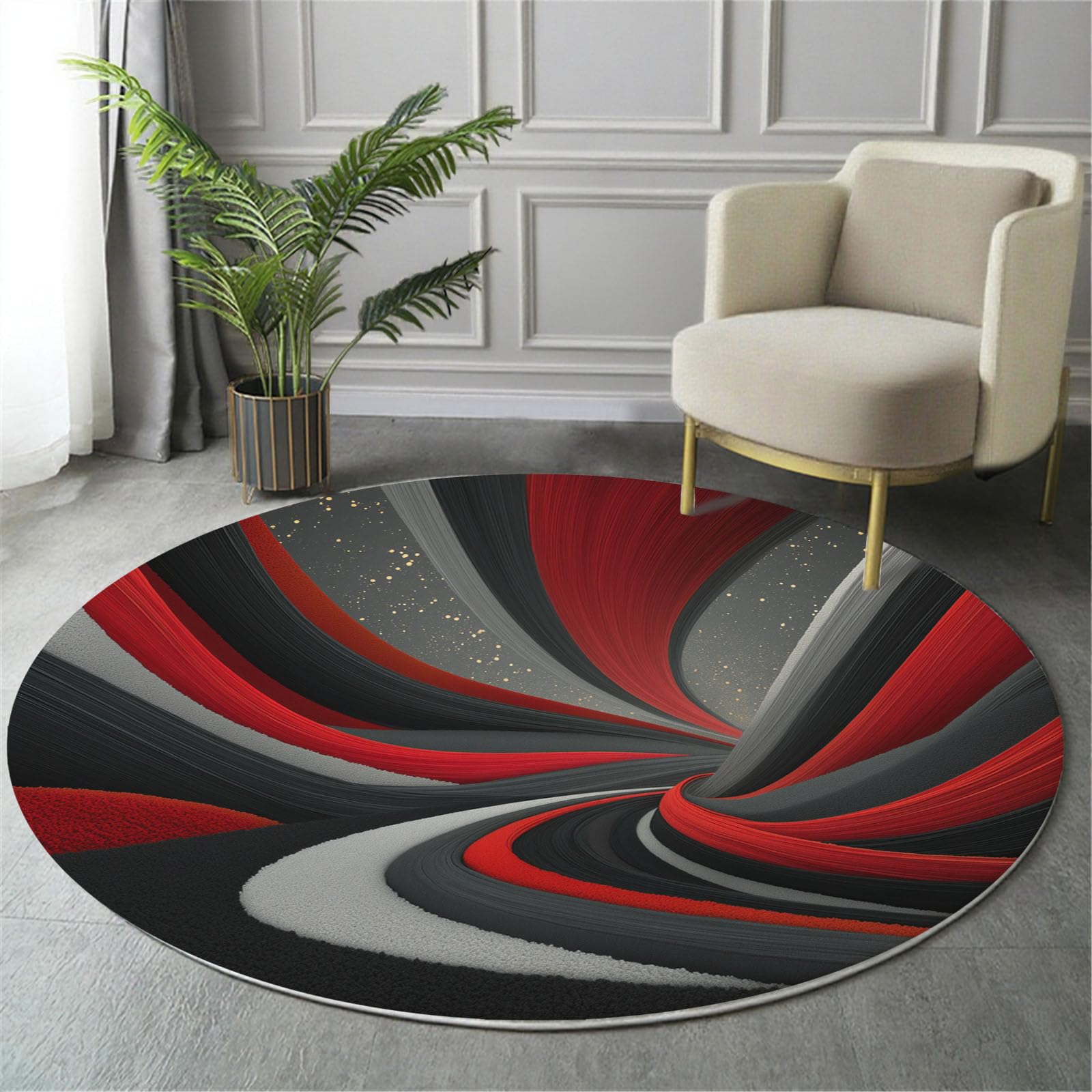 Tapis rond rouge 180cm au motif en spirale abstraite pour salon