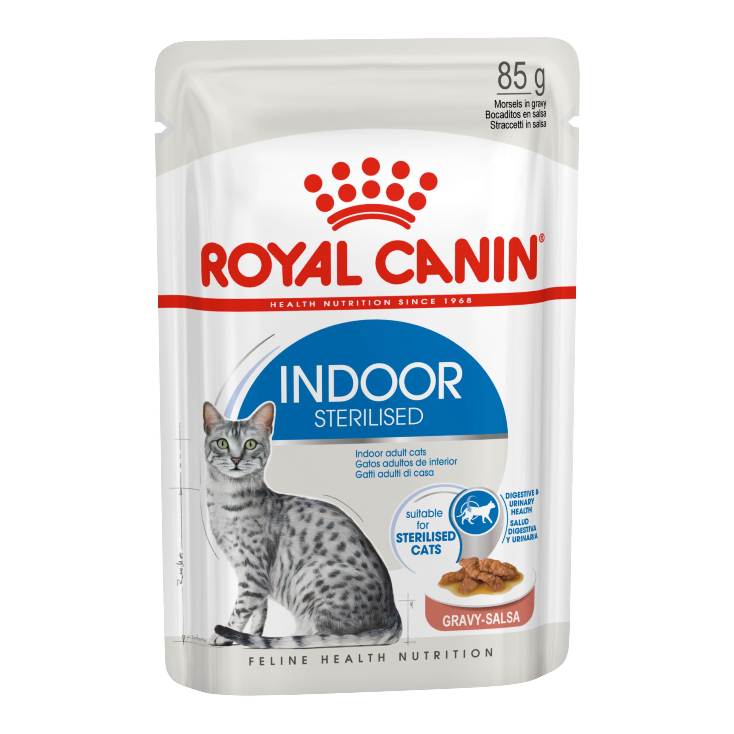 Royal Canin Indoor Sterilised en Salsa | 12 x 85 g | Alimento Completo para Gatos Adultos Que Viven en Interior | para Gatos esterilizados | Bocaditos en Salsa