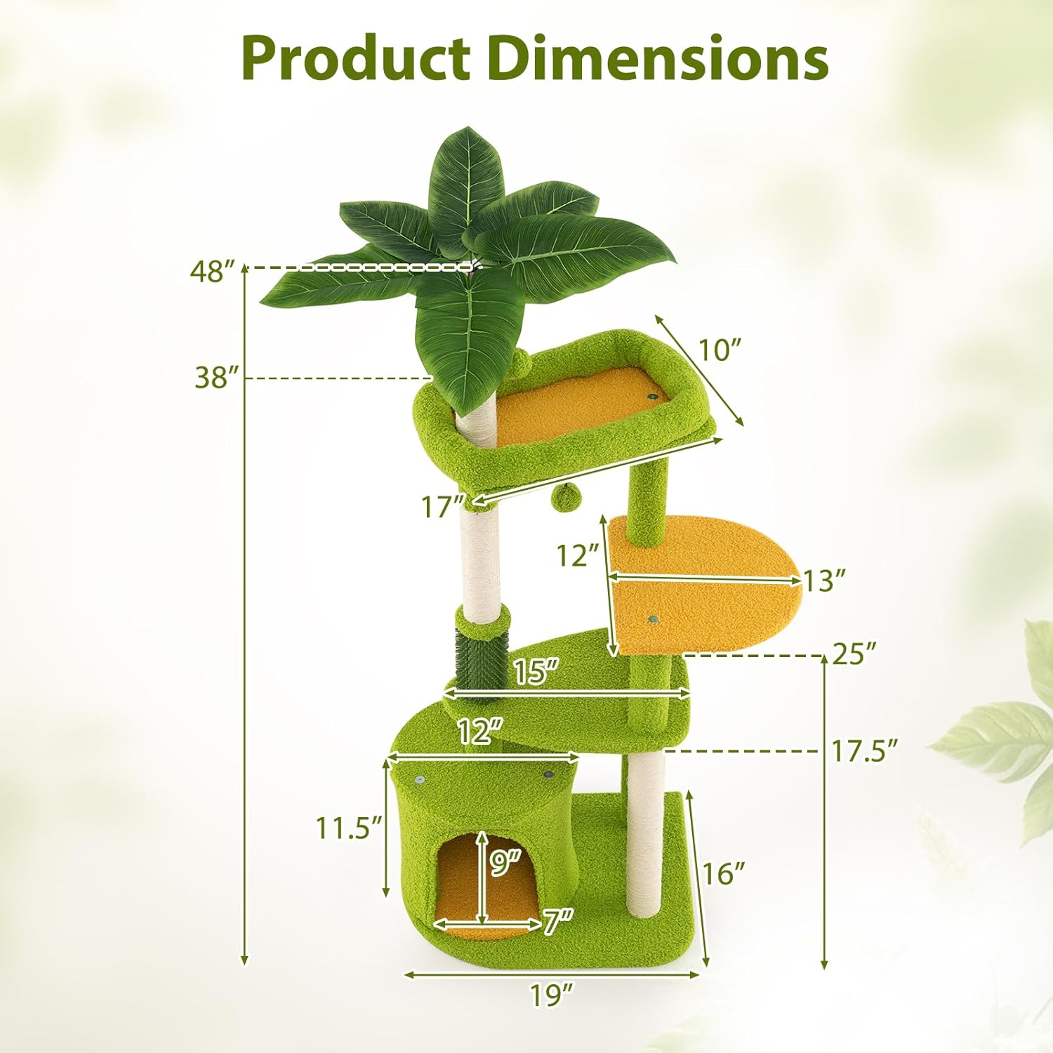 PETSITE Palm Cute Cat Tree, 48 Inches Tall with Sisal Scratching Posts, Condo, Dangling Ball, and Self Groomer, Ideal for Indoor Small & Medium Cats (19 x 16 x 48 inches)