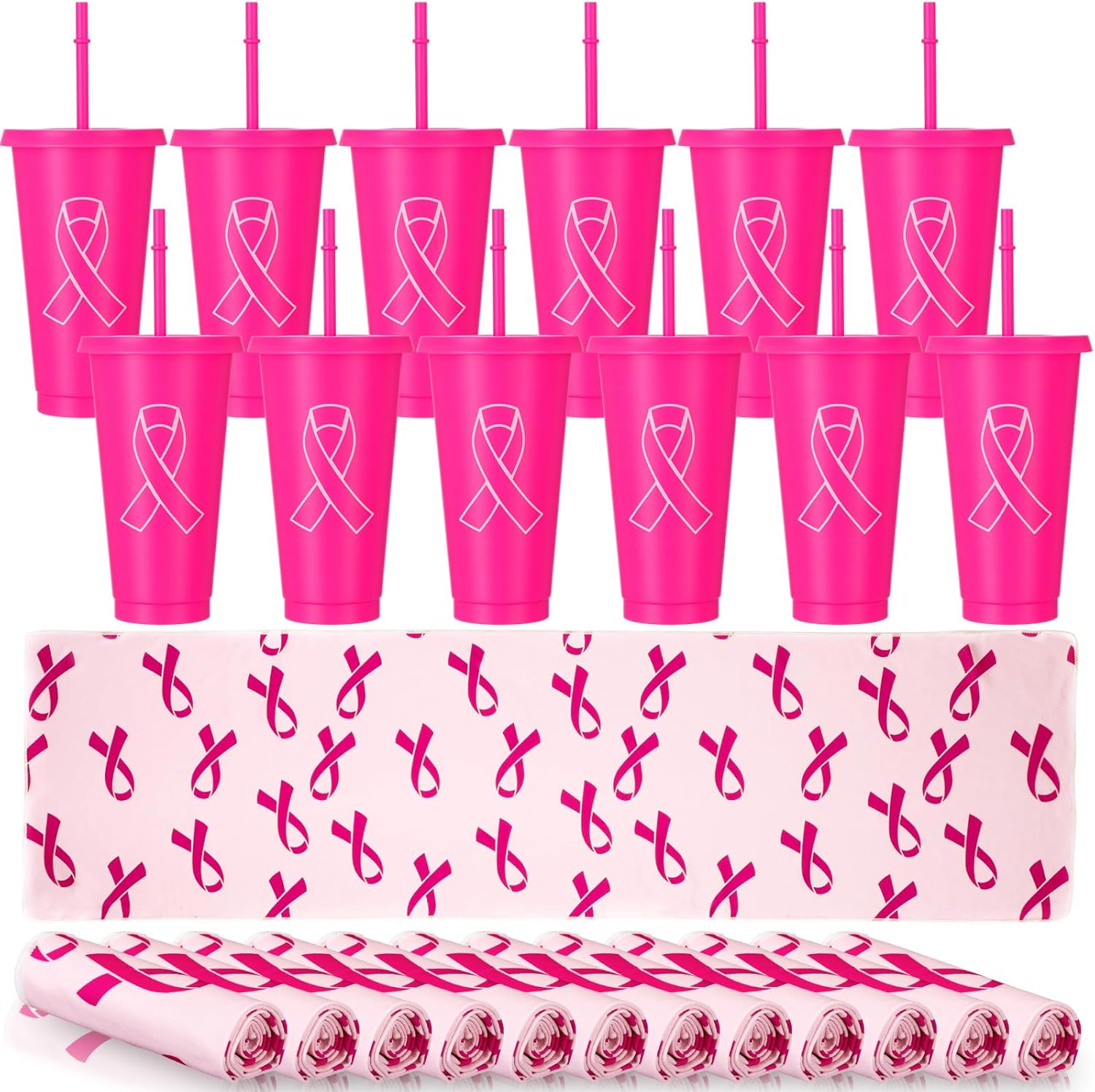 Tudomro 12 sets Breast Cancer Awareness Gifts Plastic Tumblers Reusable Cup with Lid and Pink Ribbon Cooling Towel Breast Cancer Survivor Gift Awareness Accessories for Women party Supplies (Cute)