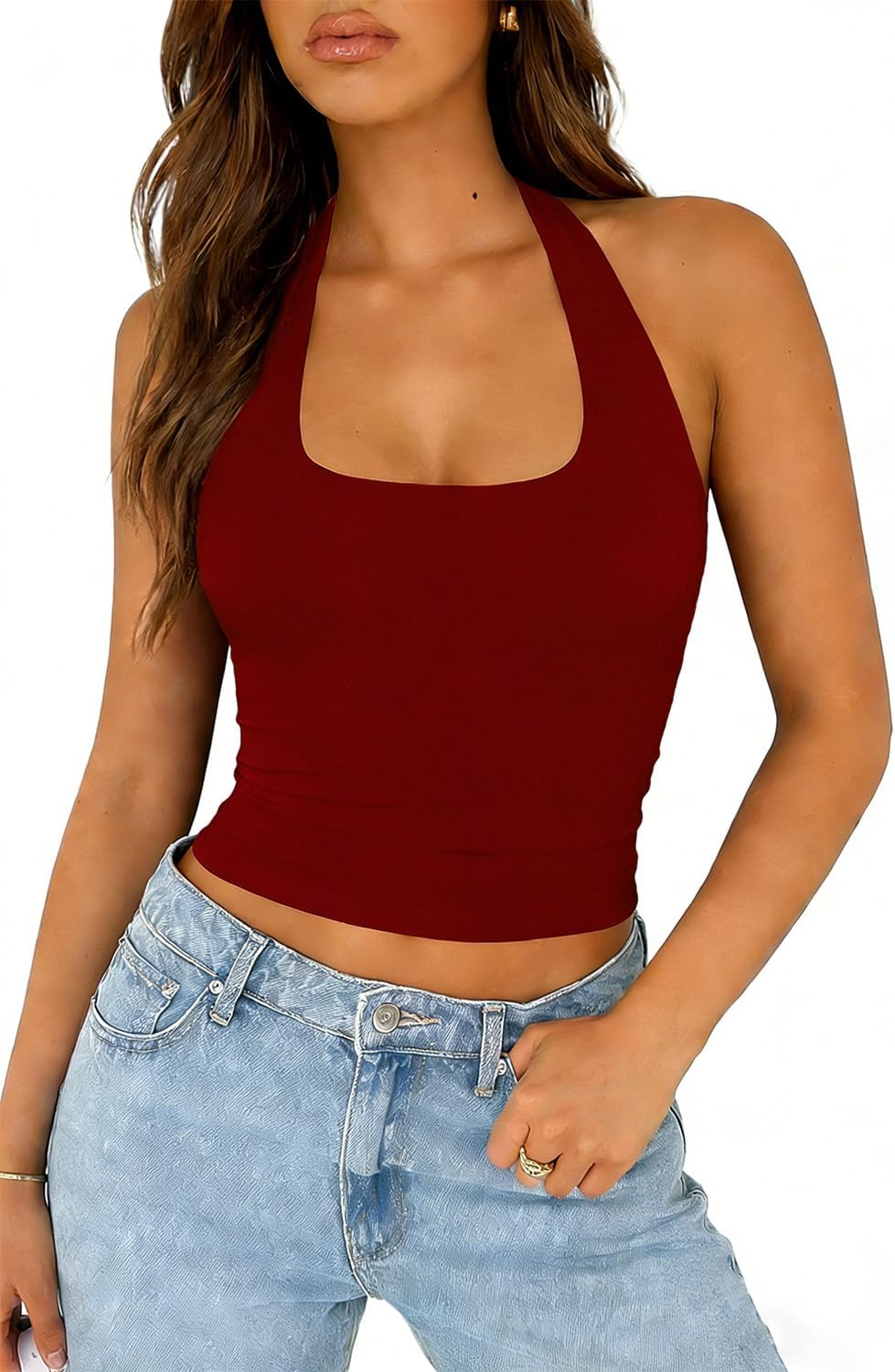 ForeFair Halter Tank Tops for Women Going Out Top Double Lined Crop Backless