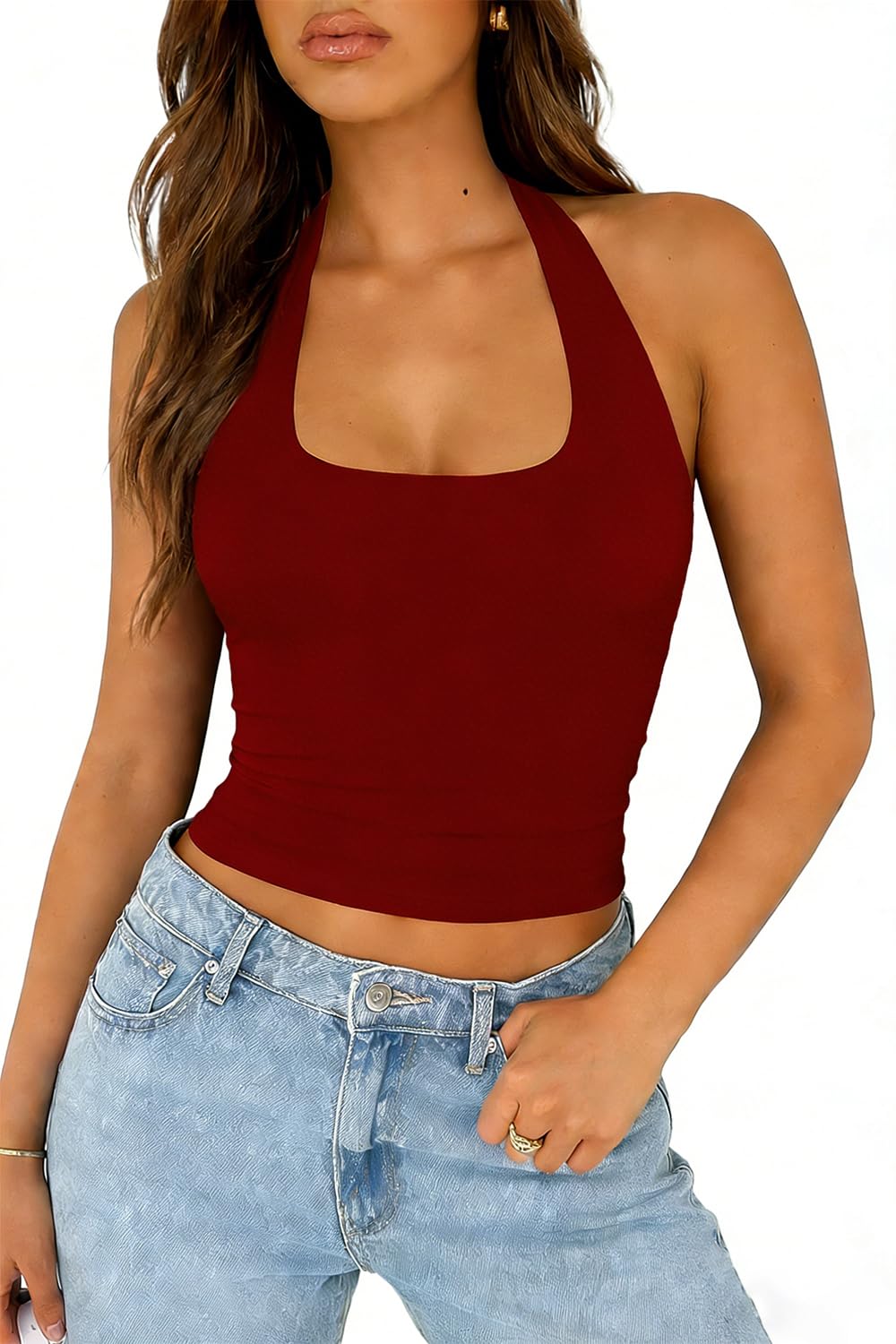 ForeFair Halter Tank Tops for Women Going Out Top Double Lined Crop Backless