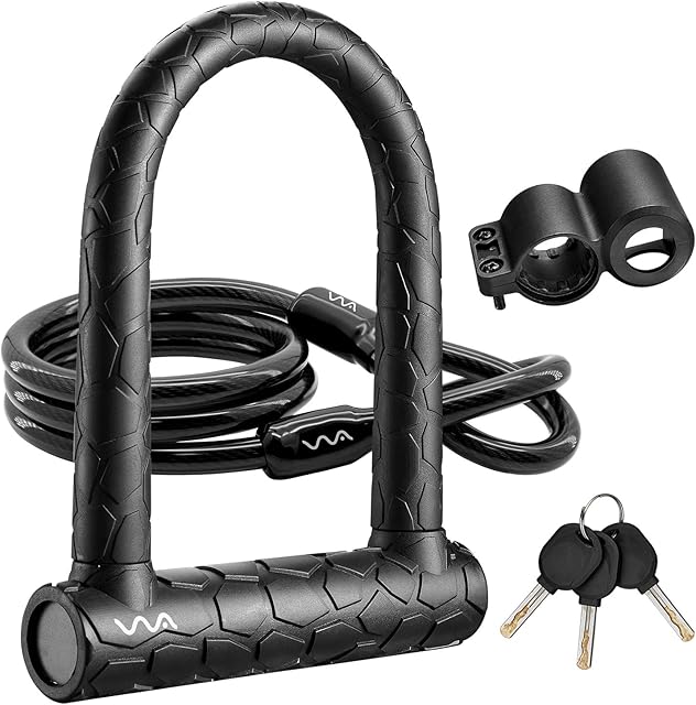 Bike Lock,20mm Heavy Duty Combination Bicycle D Lock Shackle 4ft Length Security Cable with Sturdy Mounting Bracket and Key Anti Theft Bicycle Secure Locks