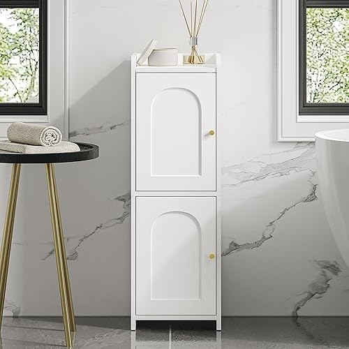 Hzuaneri Bathroom Storage Cabinet, Small Corner Floor Cabinet with 2 Doors and Adjustable Shelf, Narrow Toilet Paper Cabinets, Bathroom Organizer for Small Spaces, 7.9" D x 9.8" W x 29.5" H White