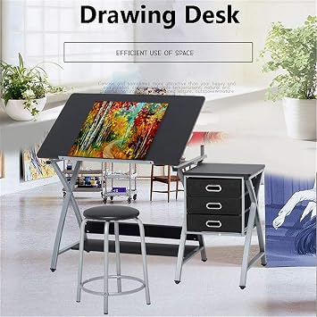 Drafting Table with 80° Tilting Tabletop, Computer Desk Drafting Desk Adjustable Study Desk, Easy Assembly Drawing Table with Thick Frame