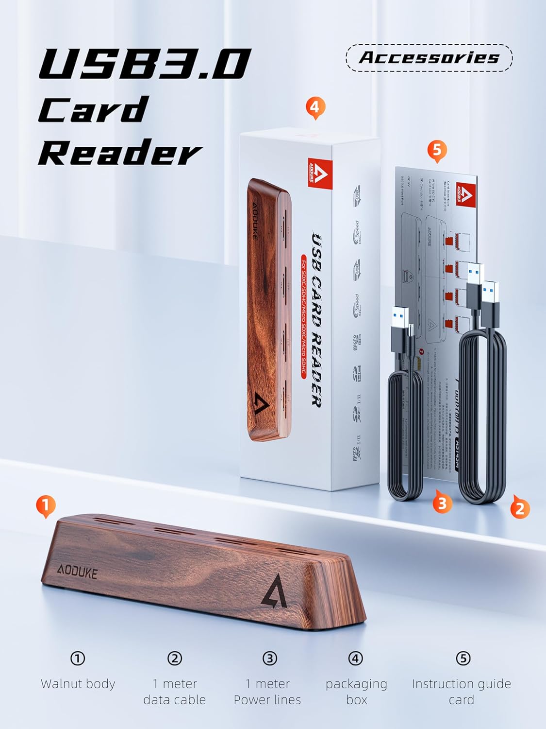 8-Port USB 3.0 SD Card Reader, Walnut Wood Design 5Gbps Data, Simultaneous Support to Micro SD/TF3.0 and SD3.0 Card Read and Write (Compatible UHS-I/II Card)-AST43M