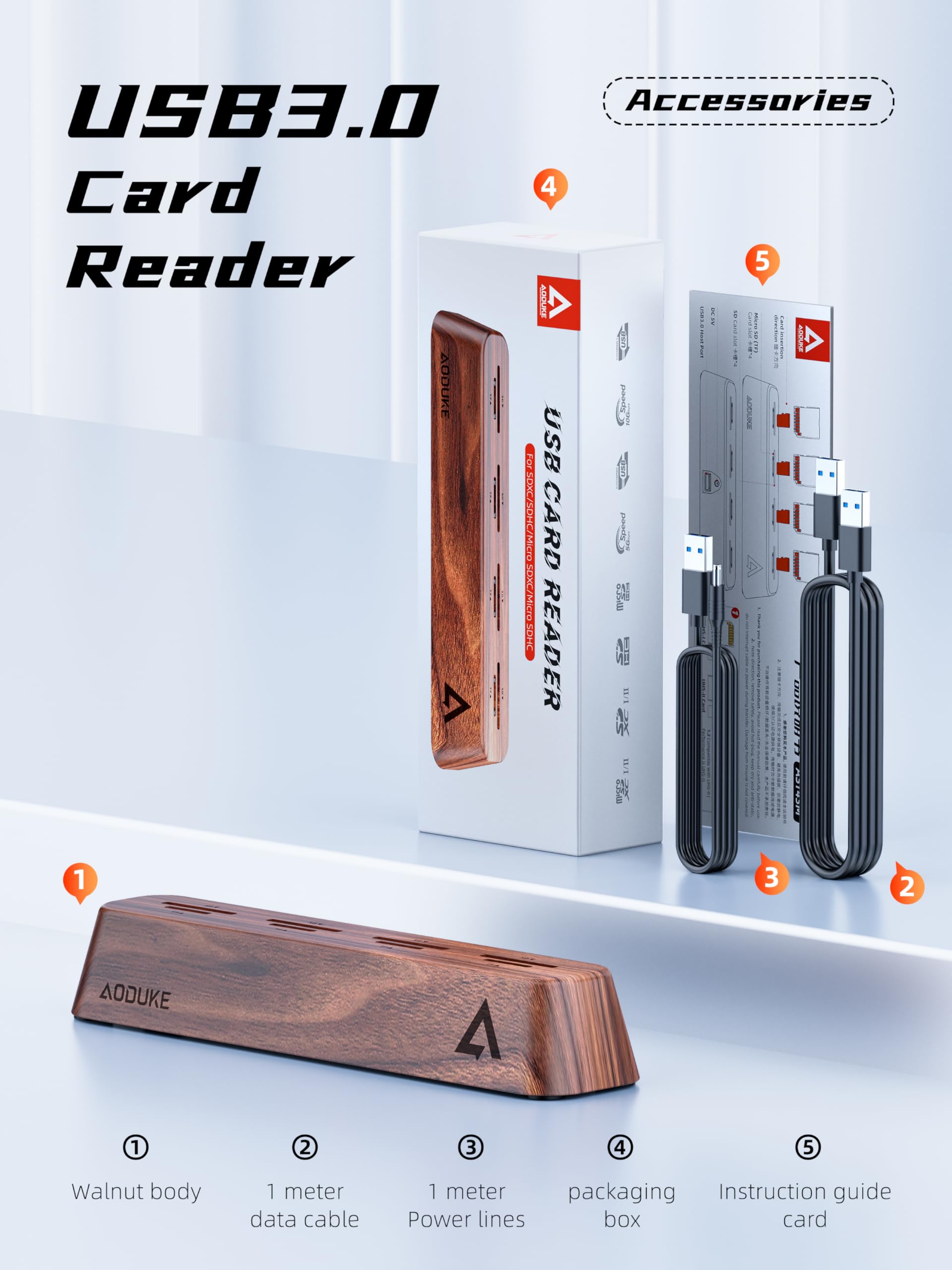 Lettore di schede SD USB 3.0 a 8 porte, design in legno di noce, dati da 5 Gbps, supporto simultaneo per schede Micro SD/TF3.0 e SD3.0, lettura e scrittura (compatibile UHS-I/II Card) AST43M