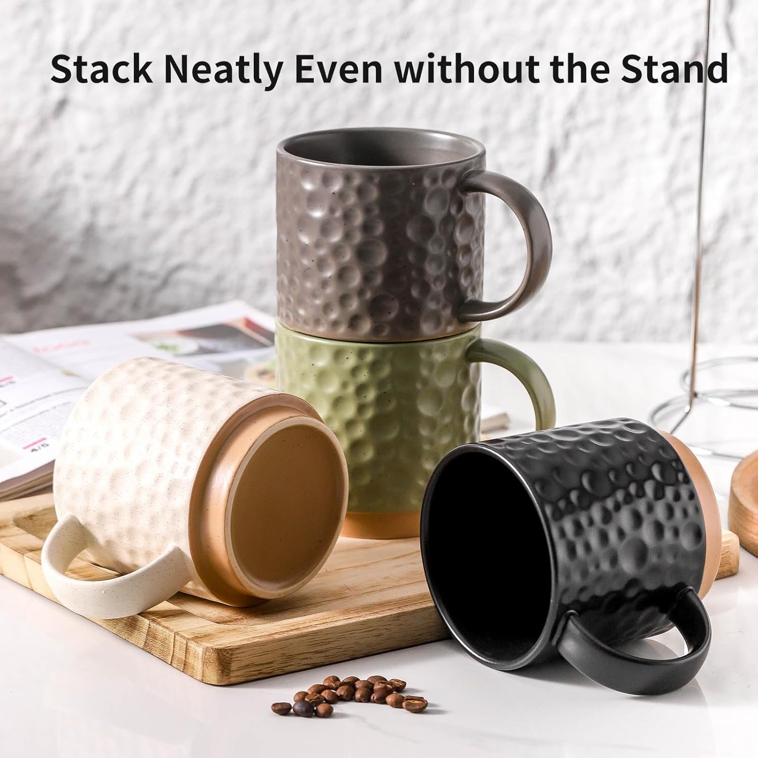 Nihow Ceramic Coffee Mug Set of 4, 16OZ Stackable Coffee Mug Set with Stainless Stand,Large Cup Set for Cappuccino,Tea,Hot/Cold Drinks,Dishwasher & Microwave Safe,Mixing Color - Image 5