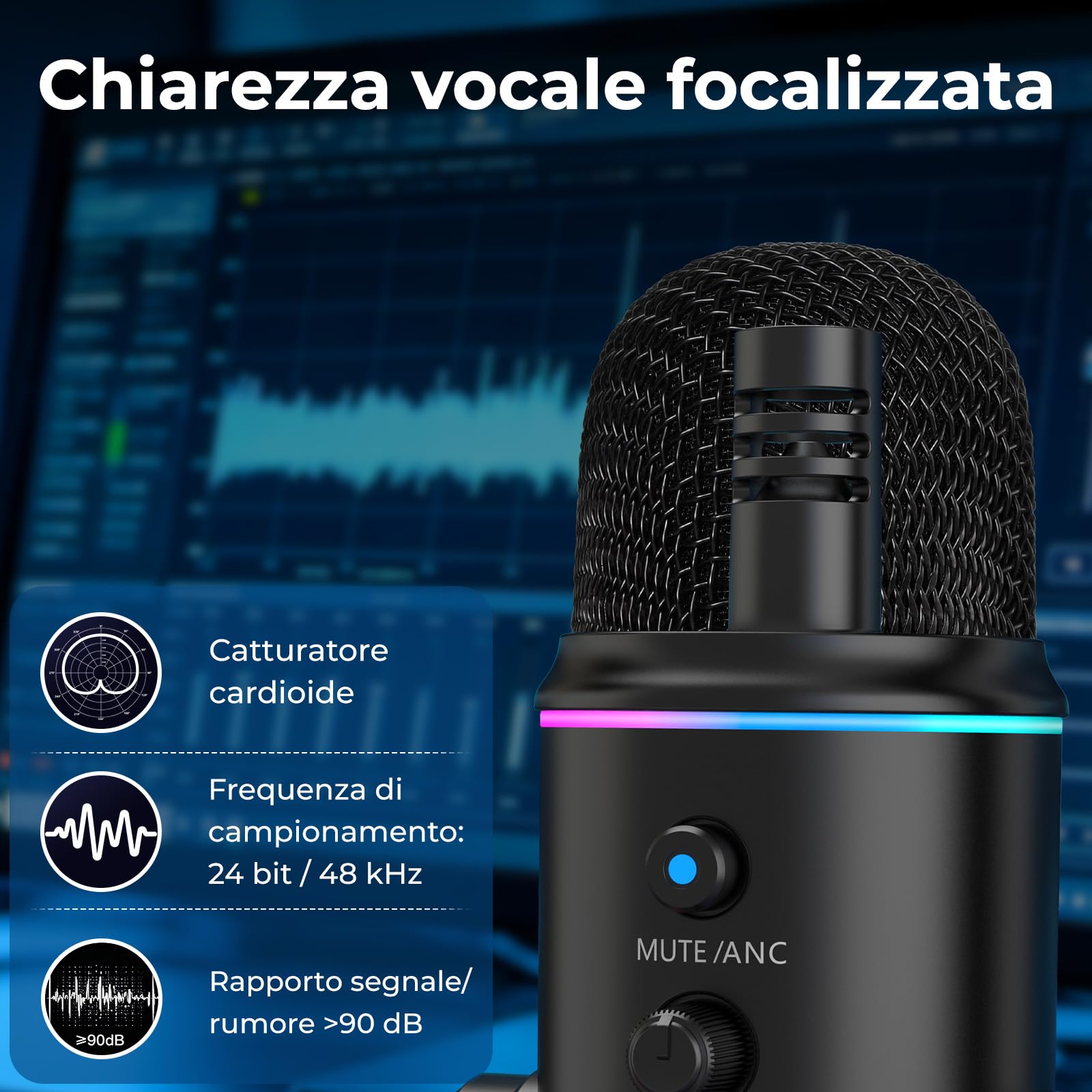zealsound Microfono USB, microfono per podcast plug & play per PC e telefono, Z5 | con cancellazione del rumore, mute e guadagno, microfono a condensatore da tavolo per streaming, gaming e ASMR