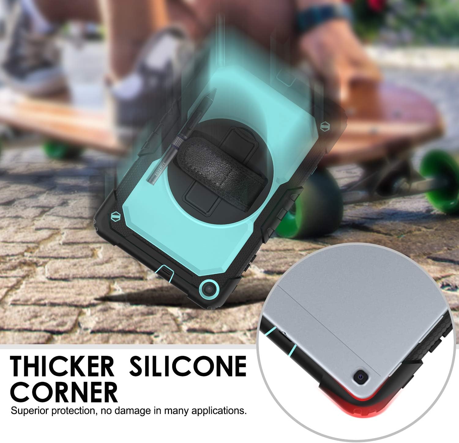 New Product Samsung Galaxy Tab A 10.1 inch Case T510/T515/T517 2019, [With Shoulder Strap]Ambison Full Body Protective Case with Tempered Glass Screen Protector, Rotatable Kickstand/Hand Strap (Sky Blue & Black)