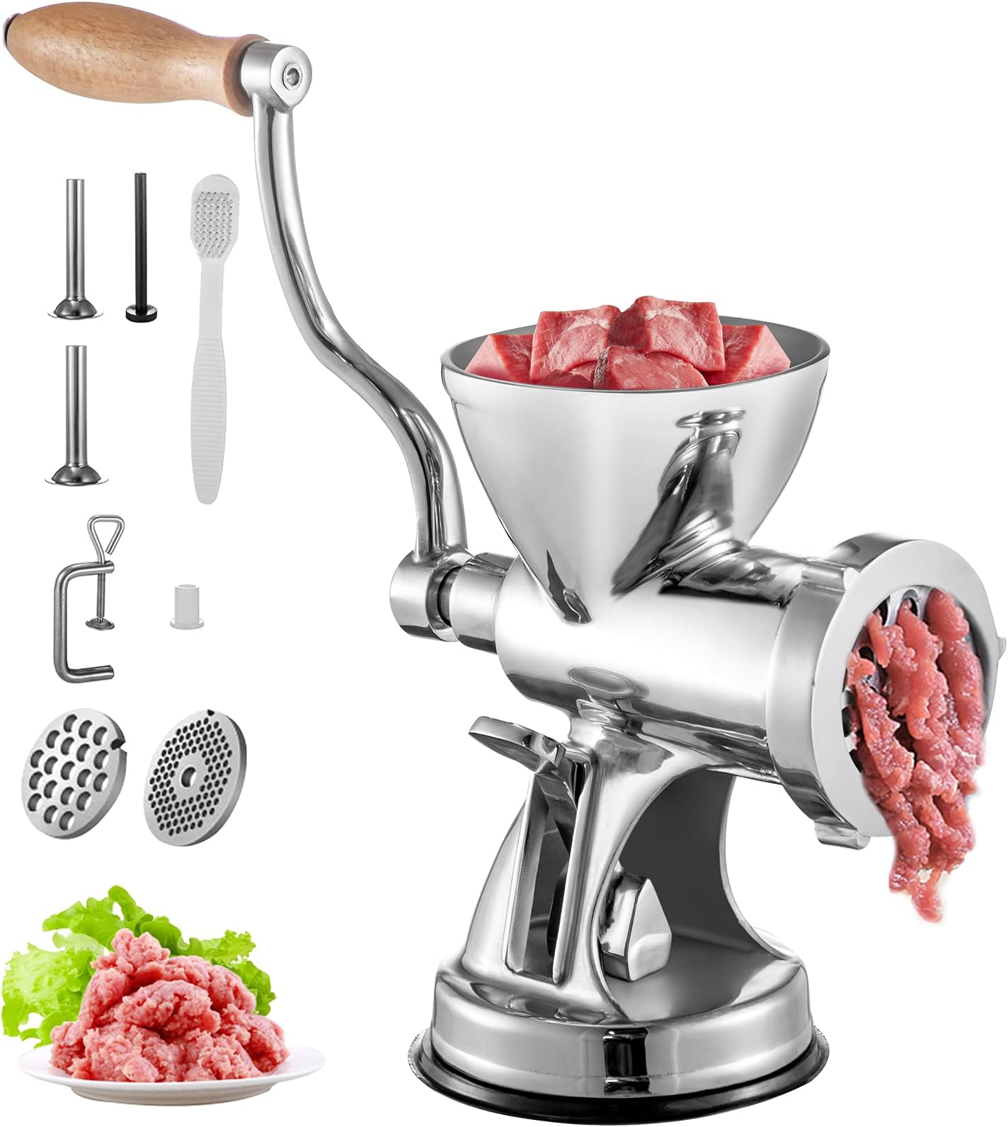 VBENLEM Meat Grinder Manual 304 Stainless Steel Hand Suction Cup Base & Clamp with Filling Nozzle for Vegetables Grinding & Sausage Stuffing, 6.7x6x9.6inch, Sliver