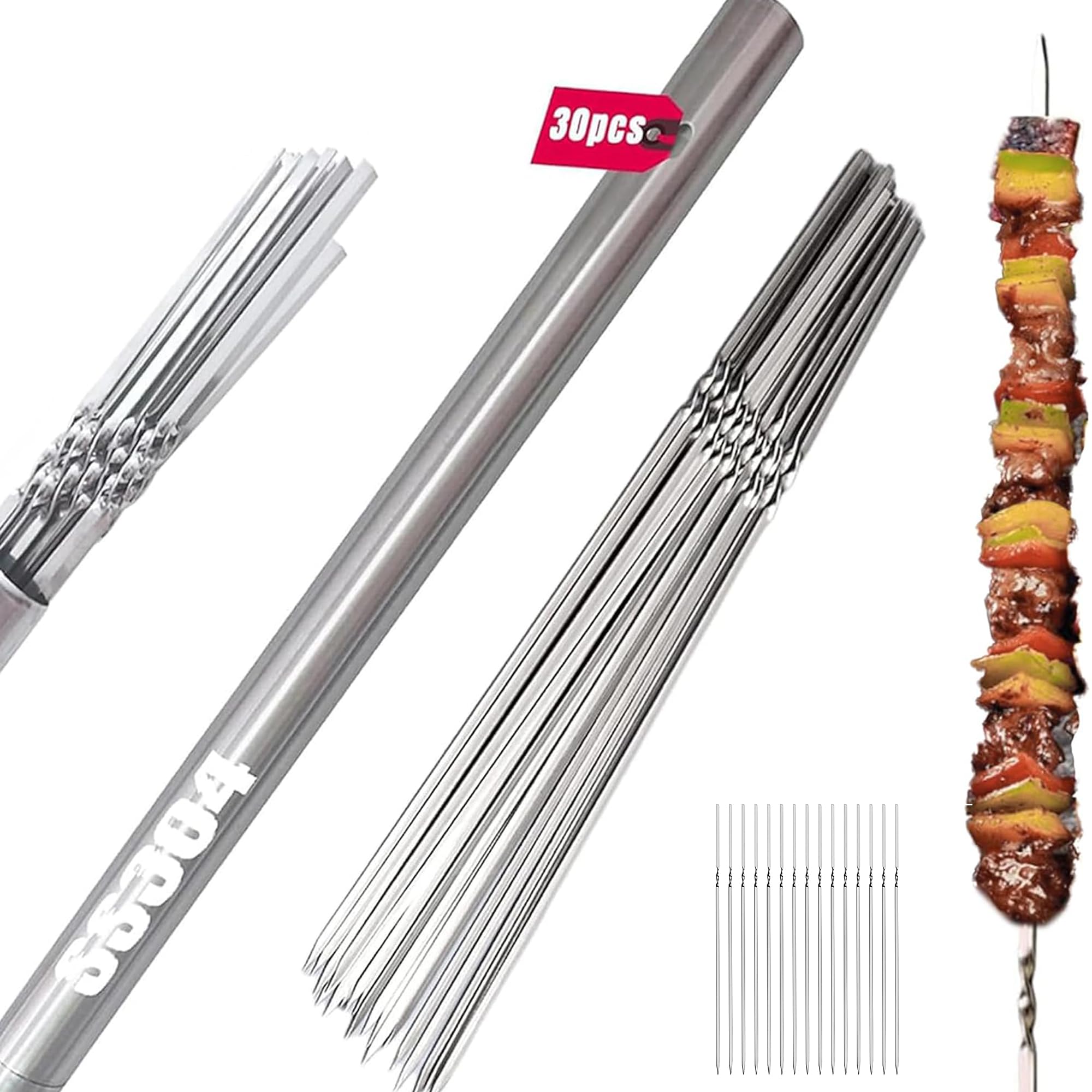 Pinchos para barbacoa de acero inoxidable 304, paquete de 30, varillas planas reutilizables de 13.2 pulgadas con tubo de almacenamiento de metal para parrilla, kebab, barbacoa, cocina al aire libre,