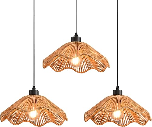 Miniatura 11 de 3 Pack Woven Pendant Light Fixtures,10.2" White Rattan Pendant Lights Farmhouse Basket Light Fixture Adjustable Boho Hanging Lamp for Kitchen Island