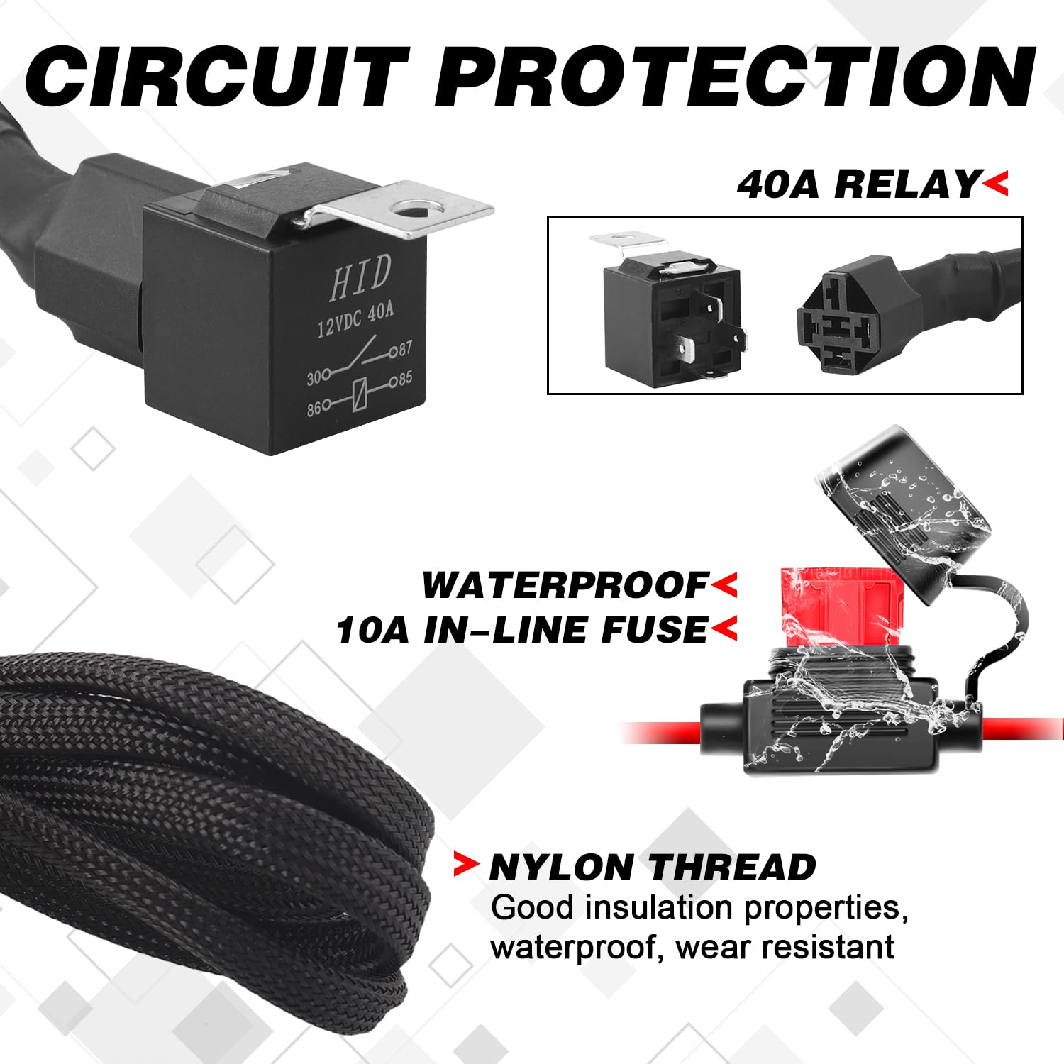 Erato Kit cablaggio luci LED per moto, 2 cavi, cablaggio in nylon, interruttore manubrio da 7/8", relè da 12V e 40A, fusibile in linea da 10A, 18 AWG per luci LED, luci ausiliarie