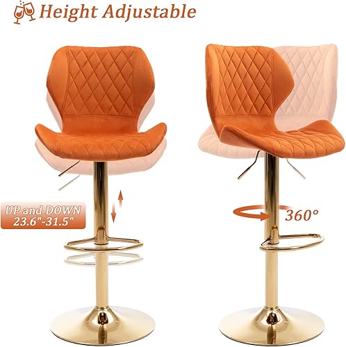 Miniatura 6 de CIMOTA Juego de 2 taburetes de bar giratorios ajustables y modernos, color dorado, para isla de cocina, taburetes de bar altos de terciopelo con