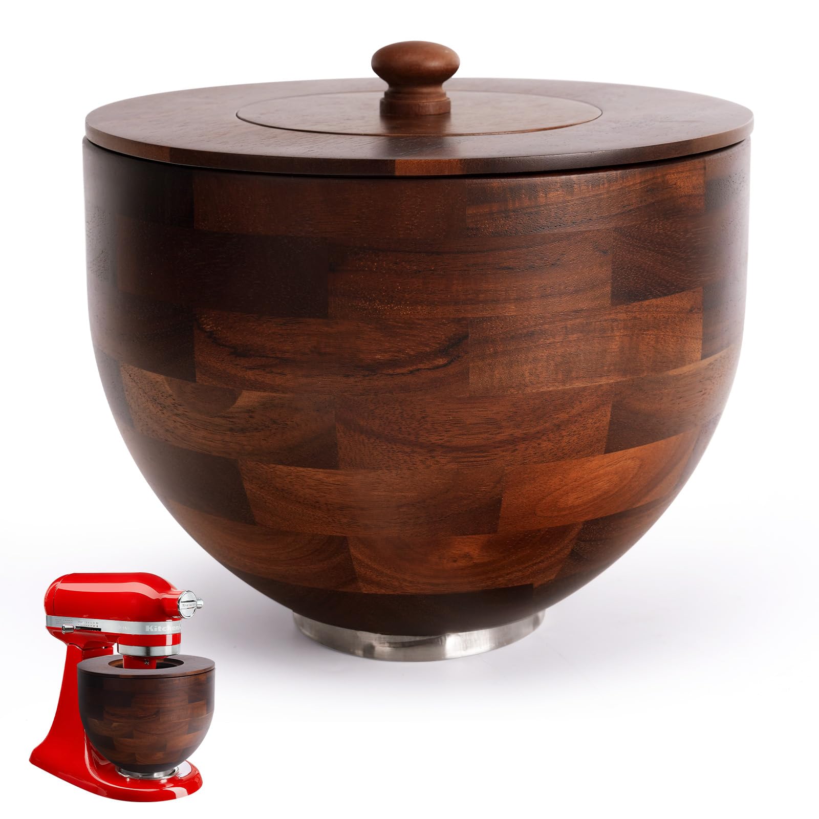 UTJZIB Wood Mixing Bowl Compatible with 4.5-5 Qt Tilt-Head Stand Mixers with Lid Cover - Natural True Acacia Wooden Bowls, 5 Qt Kitchen Aid Bowls for Mixer with Stainless Steel Locking Base.