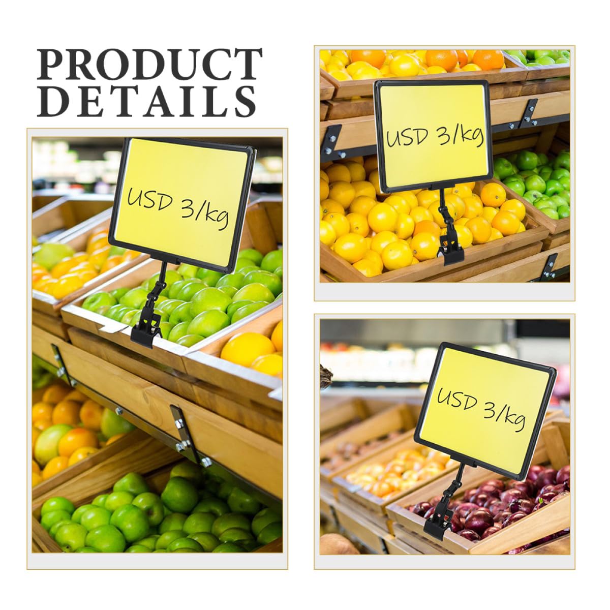 Lot de 3 Porte-Étiquettes de Prix A4 avec Pince Cadre Noir et Feuille Jaune Support Multifonctionnel pour Affiches de Fruits et Légumes en Supermarché Magasin et Marché