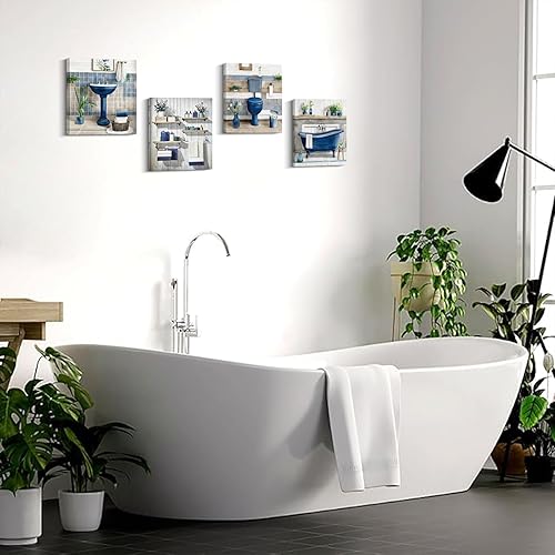 Miniatura 4 de Arte de pared de baño azul marino enmarcado, arte de pared rústico azul para baño, juego de 4 (8 x 10 pulgadas), decoración estética retro para