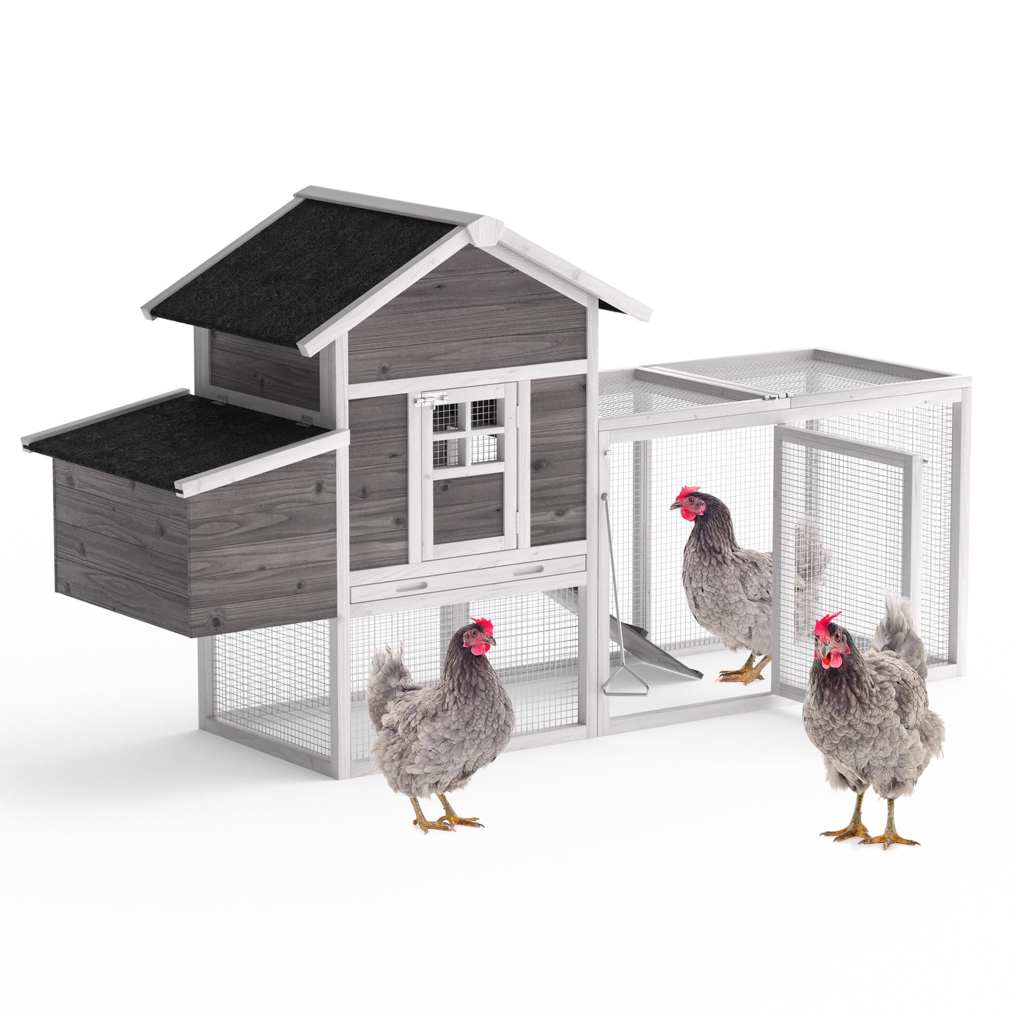 GOJOOASIS Chicken Coop for 2-4 Chickens Outdoor Grey Wooden Hen House Poultry Cage w/Wire Fence, Ramp, Nesting Box, Tray, Roosting Bar, 4 Access Areas