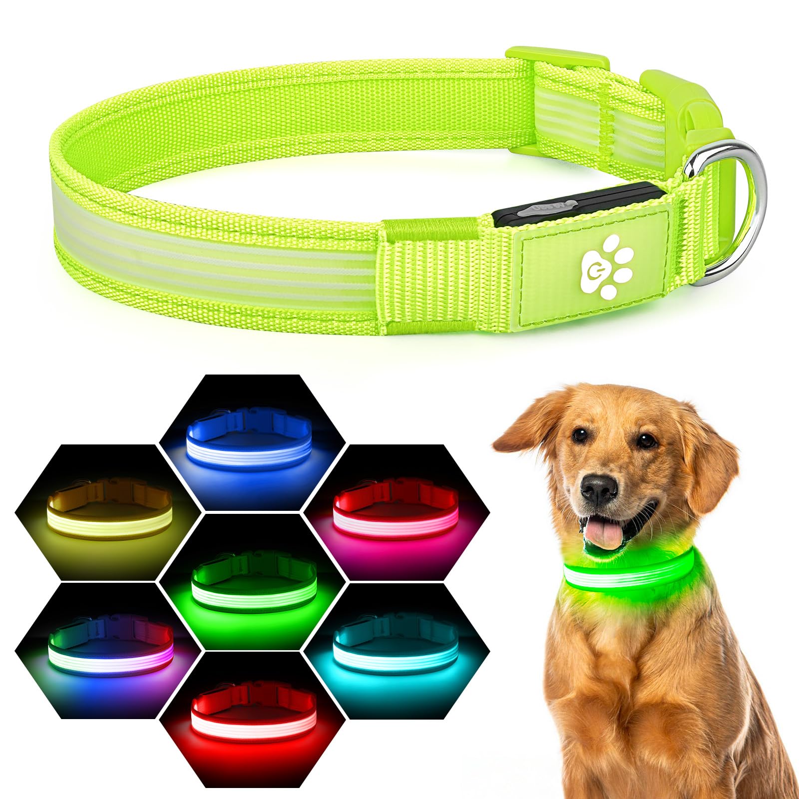 YFbrite Light up Dog Collar, Safe for Night Walking, Adjustable, Green M