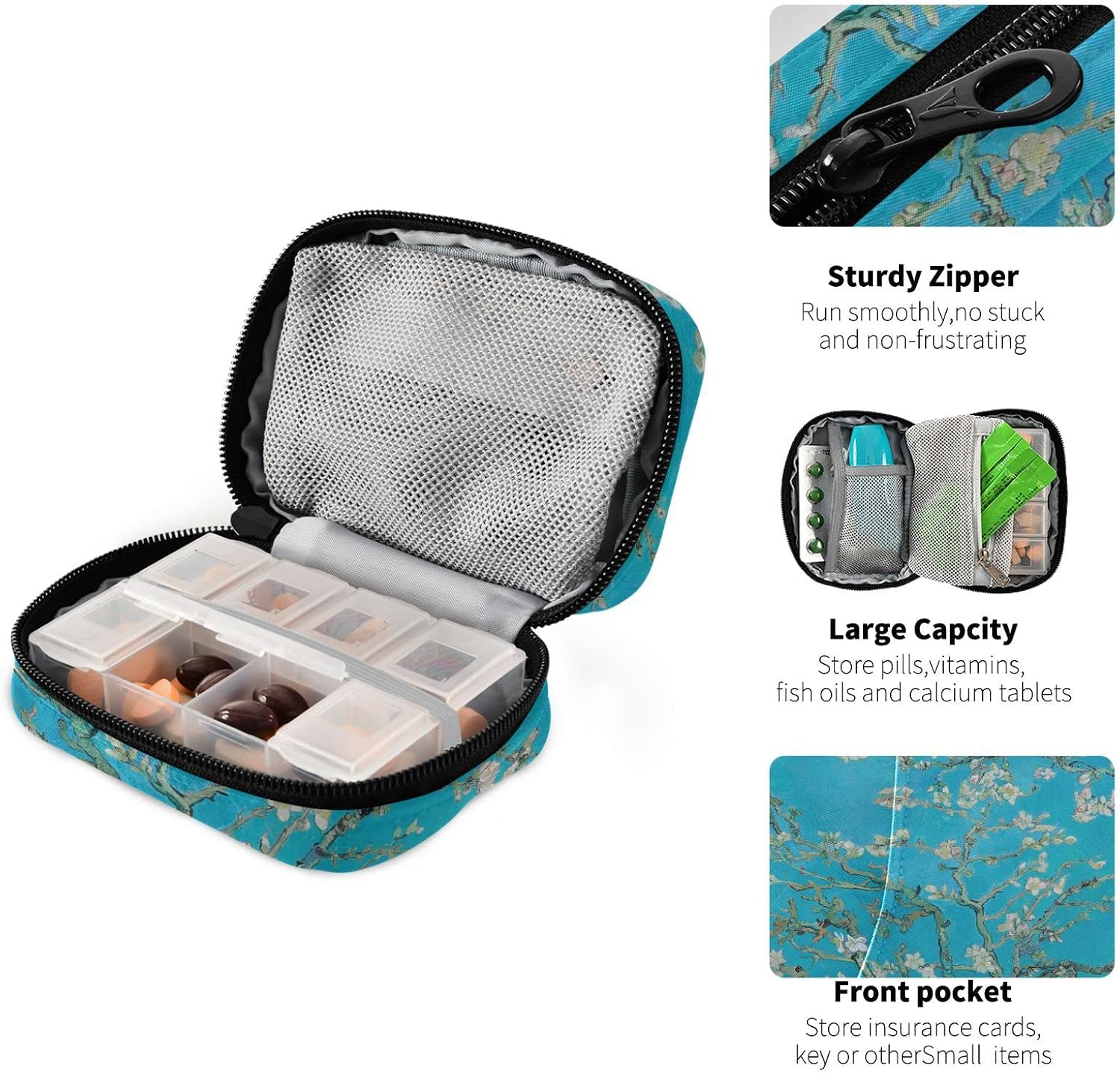 Cute Pill Organizer Weekly Travel Pill Box 7 Day Large Capacity Pill Dispenser with 8 pill Container Daily Vitamin Holder Pill Bottle Organizer Small Pill Case Almond Blosso image 4