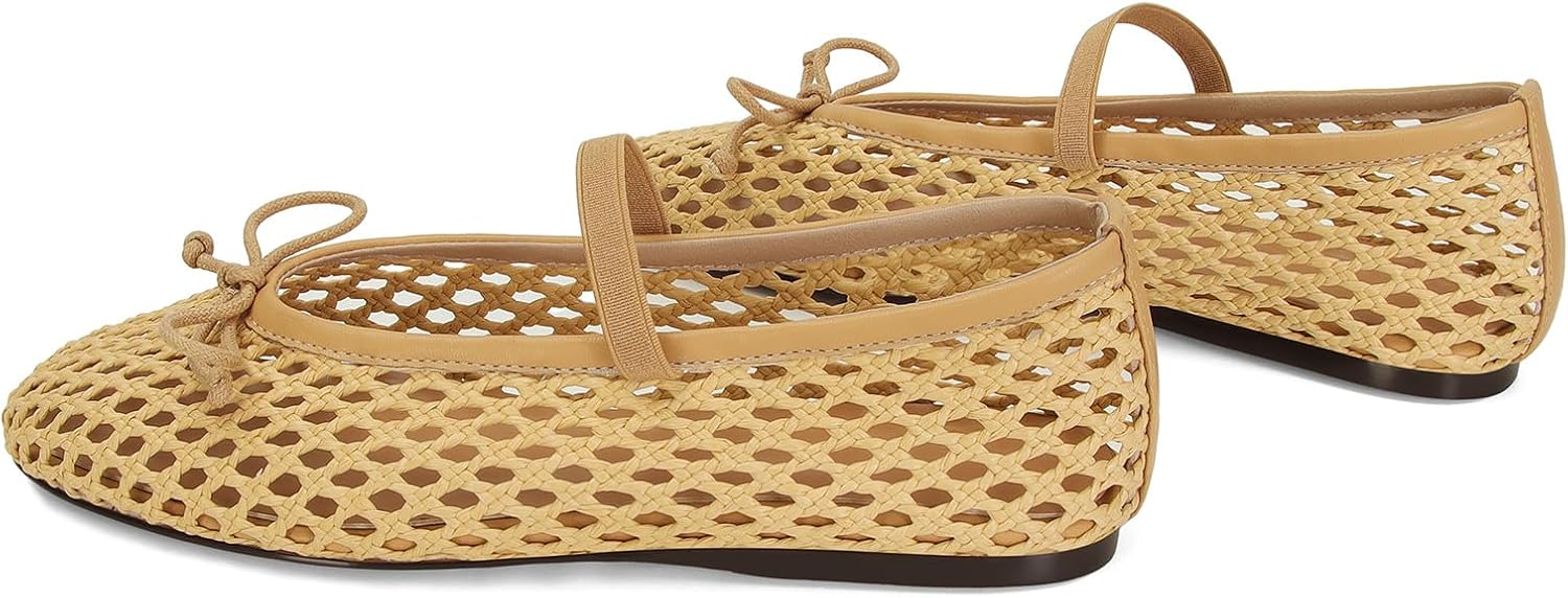 ZJGZF Apricot Woven Ballet Flats for Women Mesh Raffia Mary Janes Cute Round Toe Ballerina with Bow Elastic Strap Summer Straw Crochet Casual Dressy Shoes - Image 6