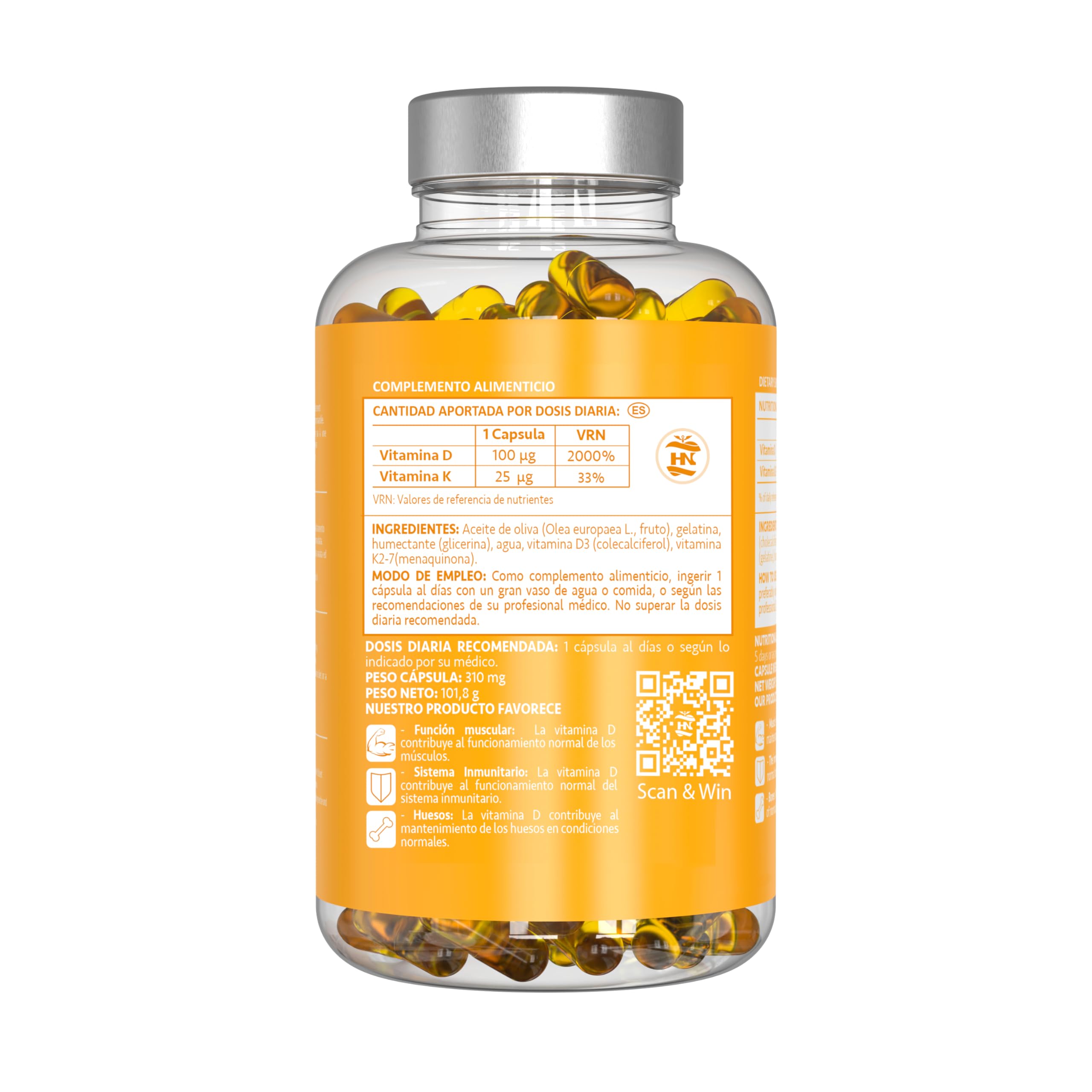 Vitamina D - 365 Cápsulas de vitamina D3 K2 – Vitamina D (4000 UI) altamente concentrada. Favorece la función inmunológica y ósea - 365 cápsulas