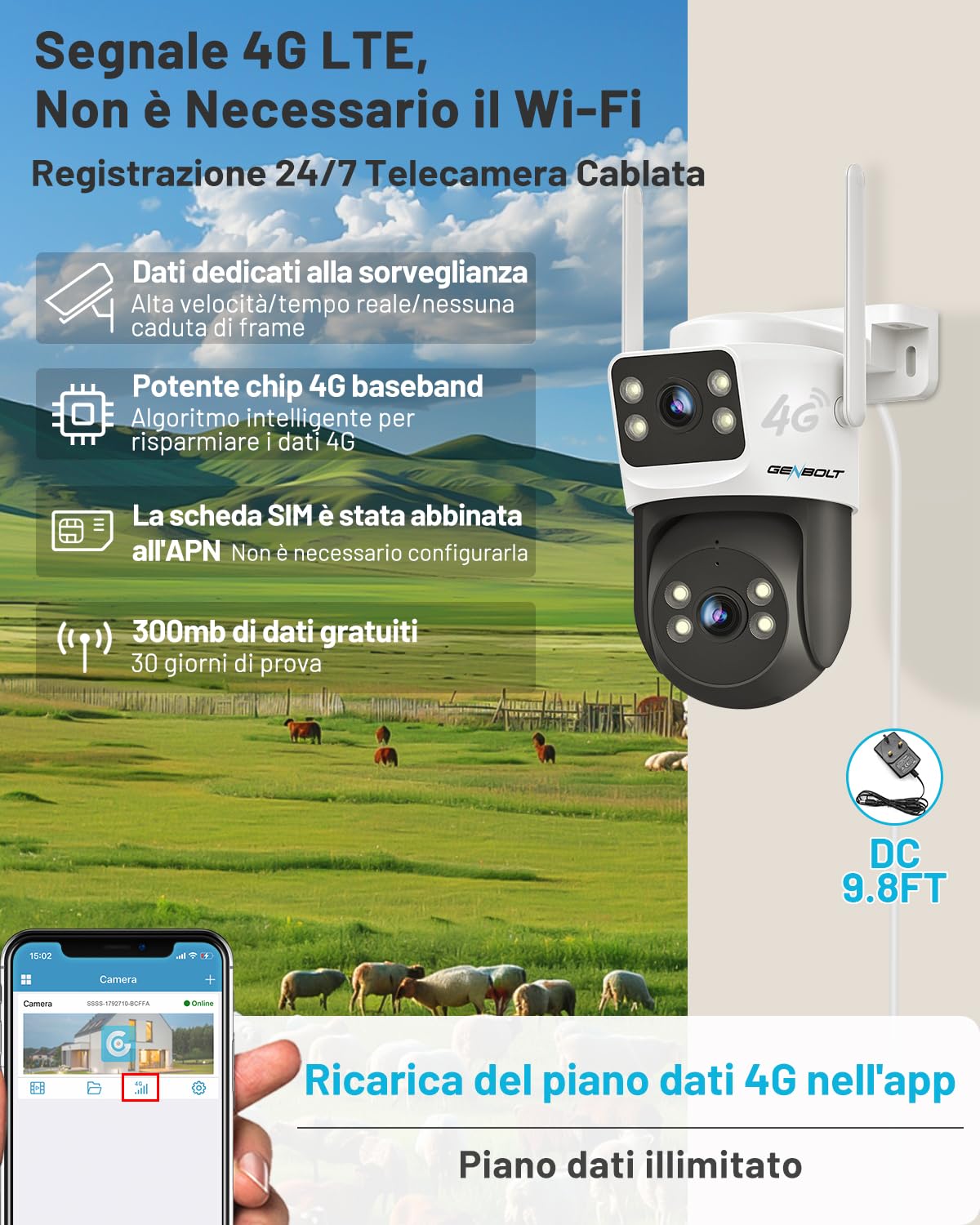 GENBOLT 4G LTE Telecamera Esterno a Doppio Obiettivo Senza WiFi con SIM | 360° PTZ Videocamera Sorveglianza, Tracciamento Automatico, Rilevamento Movimento, Cablata 24/7, Audio Bidirezionale, IP66
